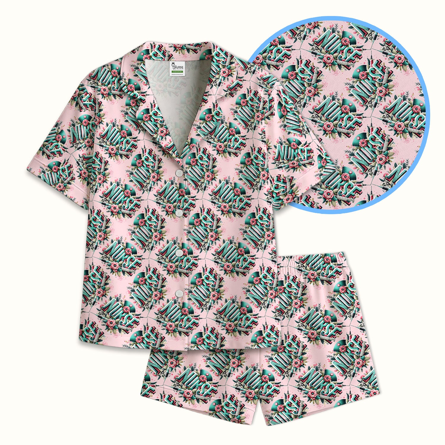 Cute Nurse Typography Floral Medical Pattern Pajama Set, Soft Breathable Fabric Comfortable Sleepwear