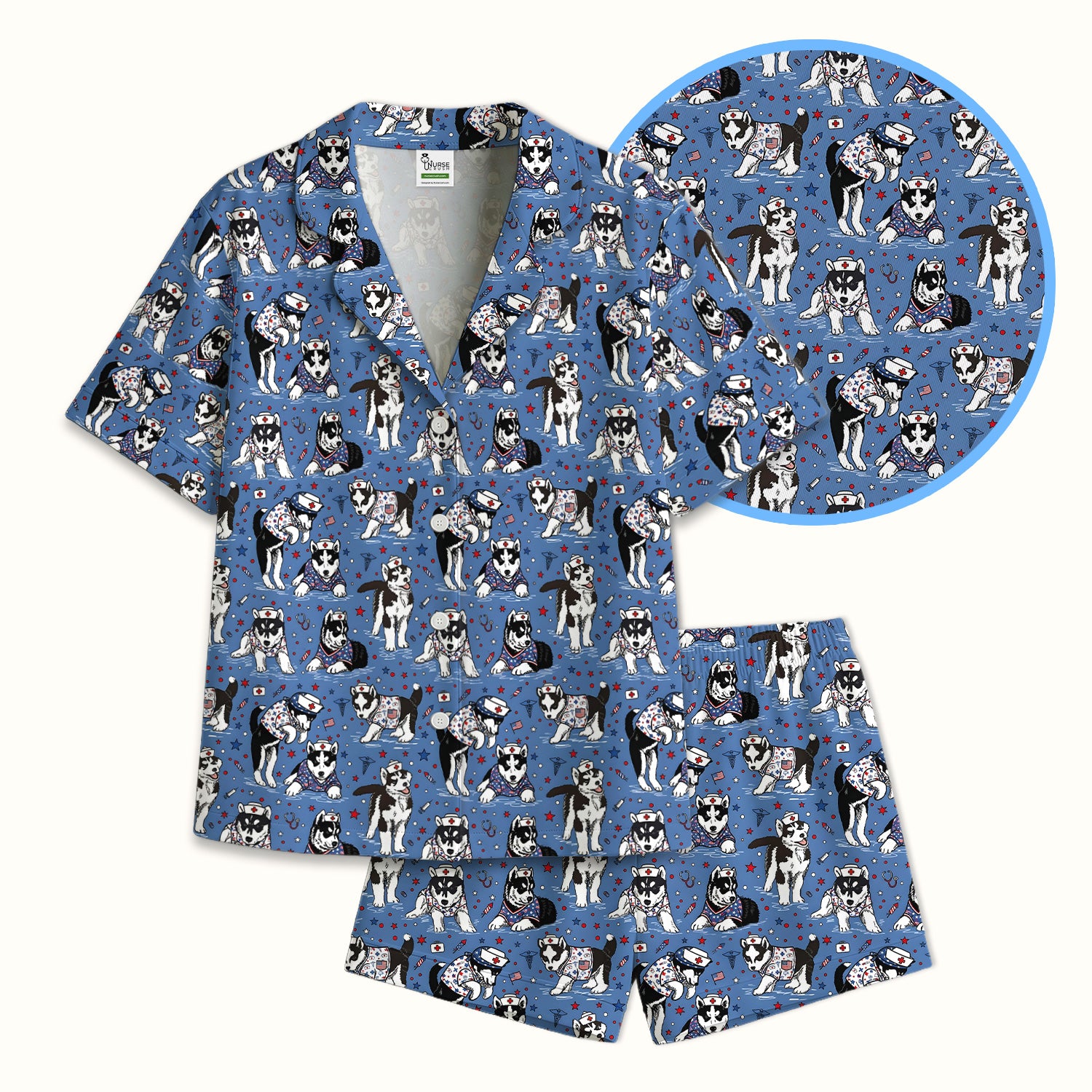 Cute Nurse Husky Dog Medical Pattern Pajama Set, Soft Breathable Fabric Comfortable Sleepwear