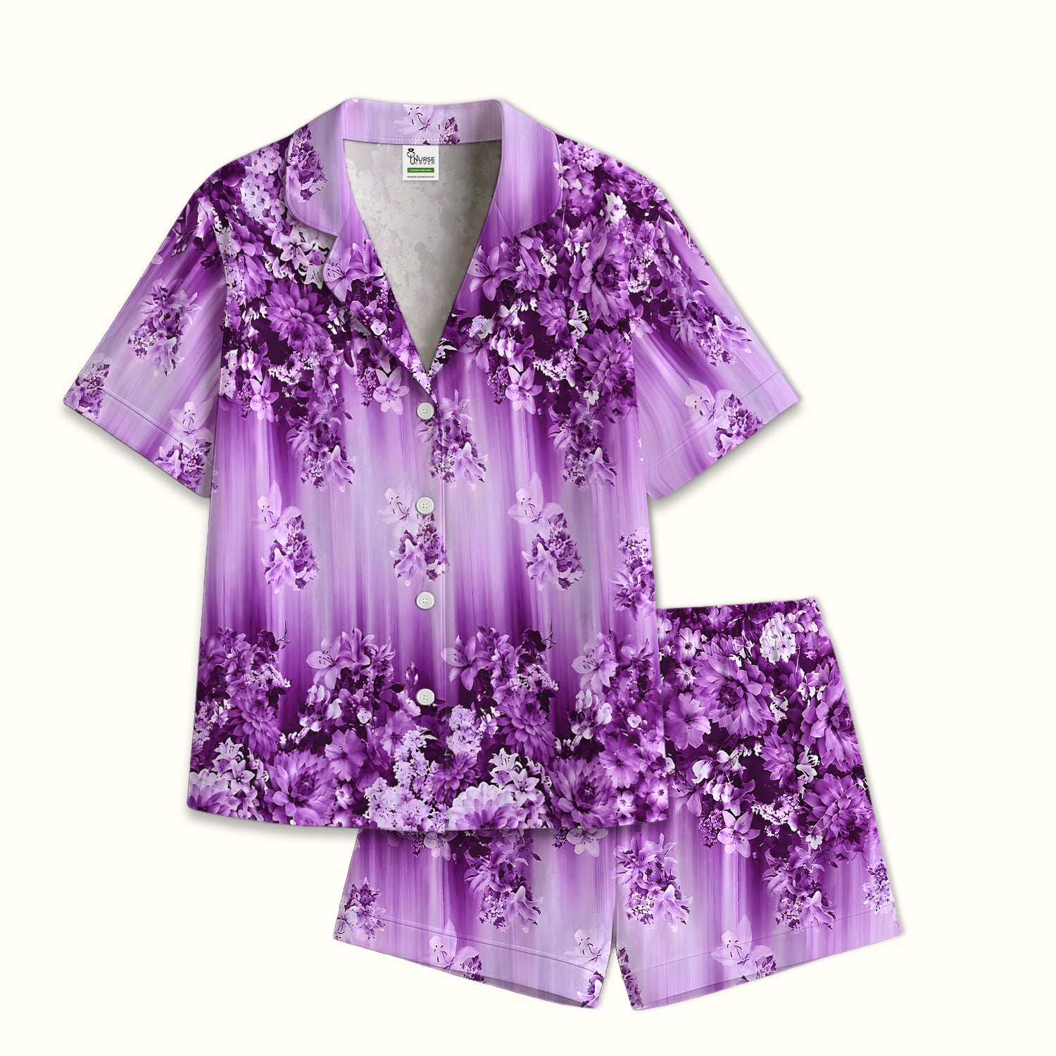 Purple Blossom Garden Pattern Pajama Set, Soft Breathable Fabric Comfortable Sleepwear