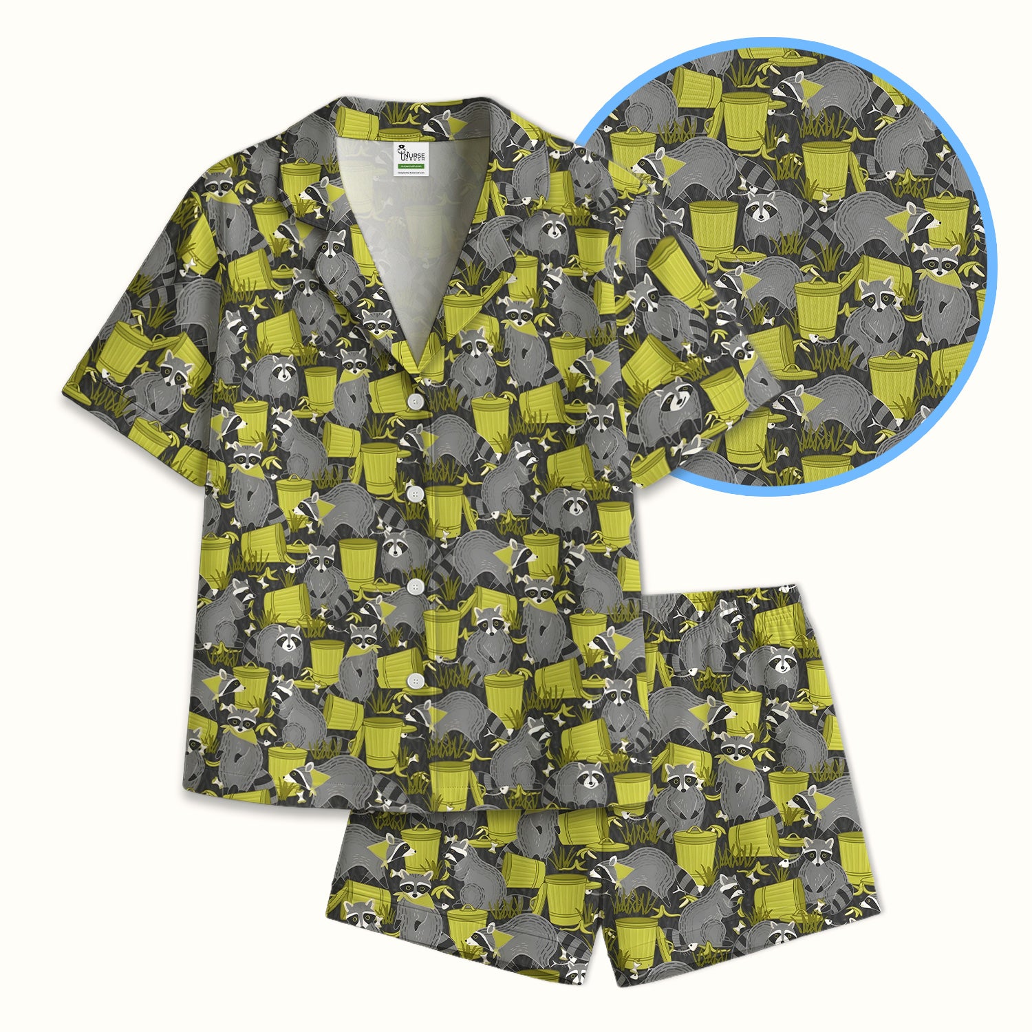 Cute Raccoon Trash Panda Pattern Pajama Set, Breathable Fabrics Uniform