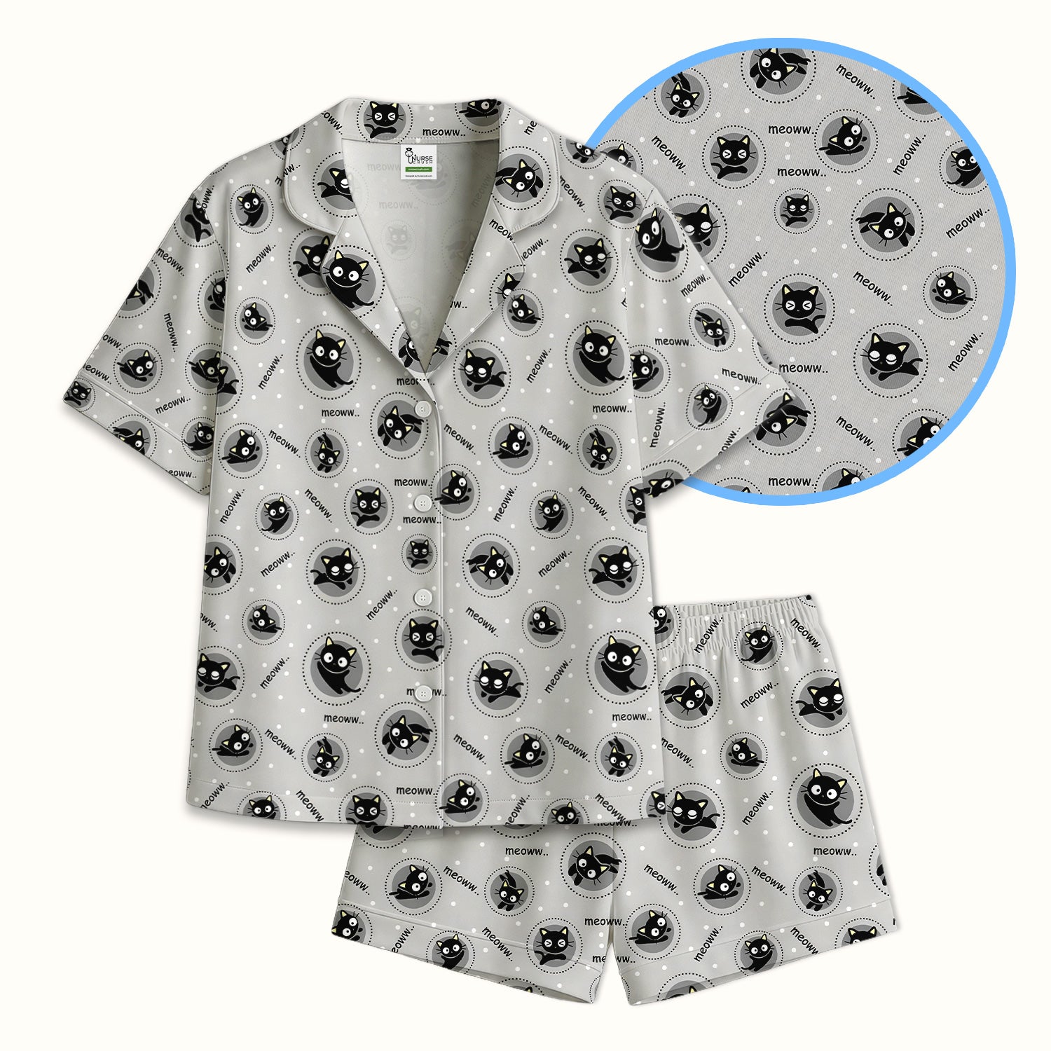 Funny Black Cat Meow Pattern Pajama Set, Soft Breathable Fabric Comfortable Sleepwear