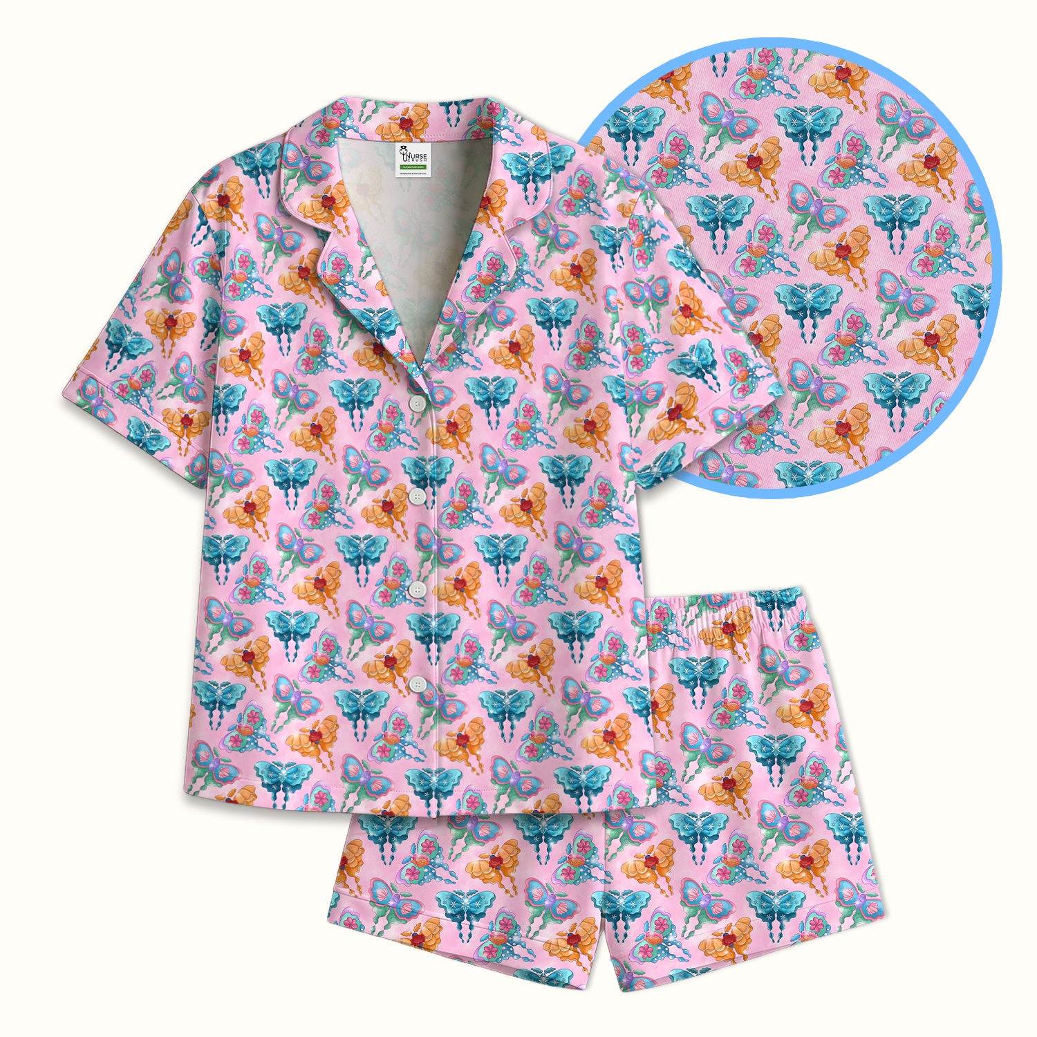 Colorful Butterfly With Floral Blossom Pattern Pajama Set, Soft Breathable Fabric Comfortable Sleepwear