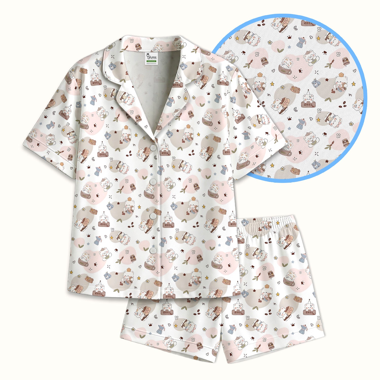 Cute Cat With Coffee Paw Heart Pattern Pajama Set, Soft Breathable Fabric Comfortable Sleepwear