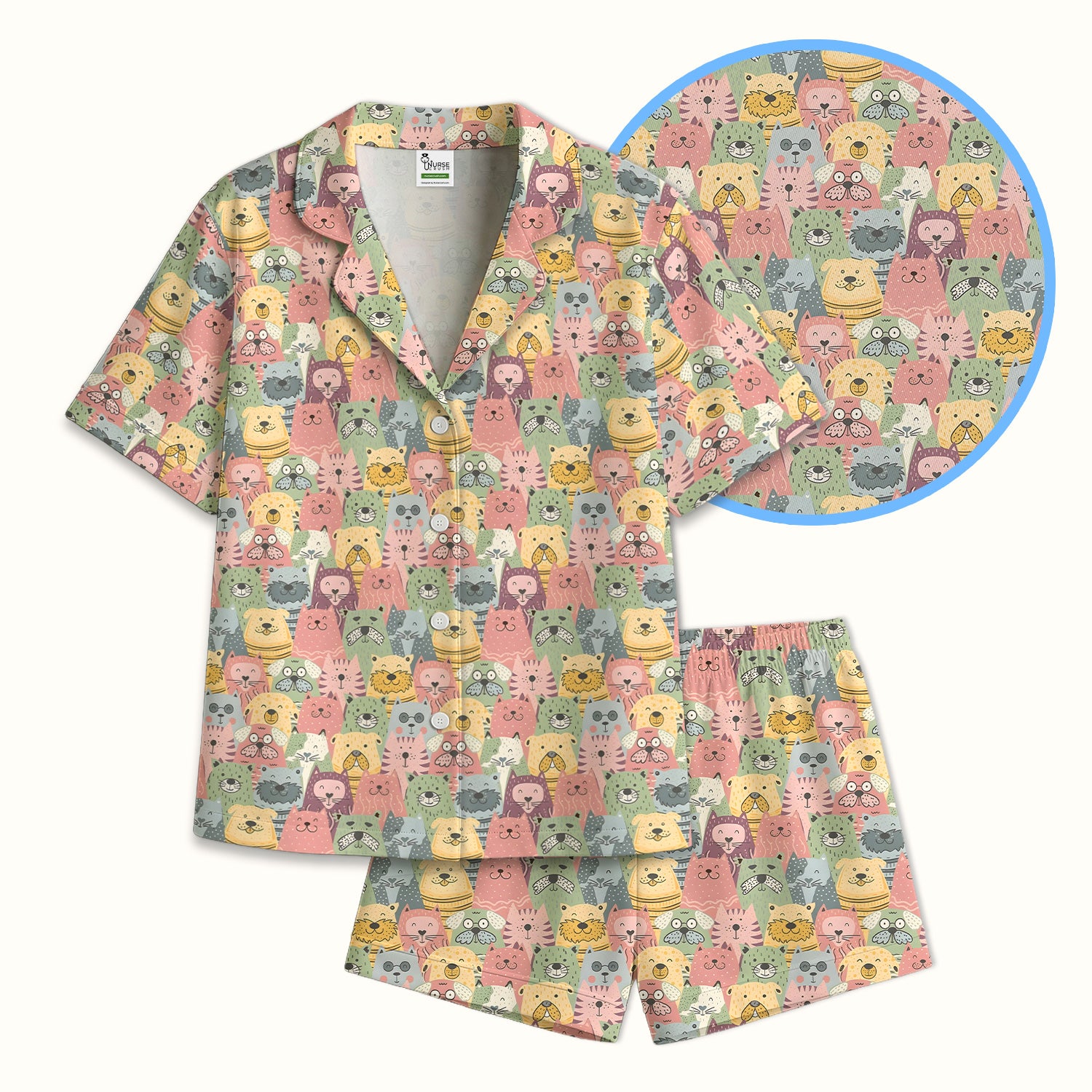 Cartoon Cat & Dog Faces Pattern Pajama Set, Breathable Fabrics Uniform
