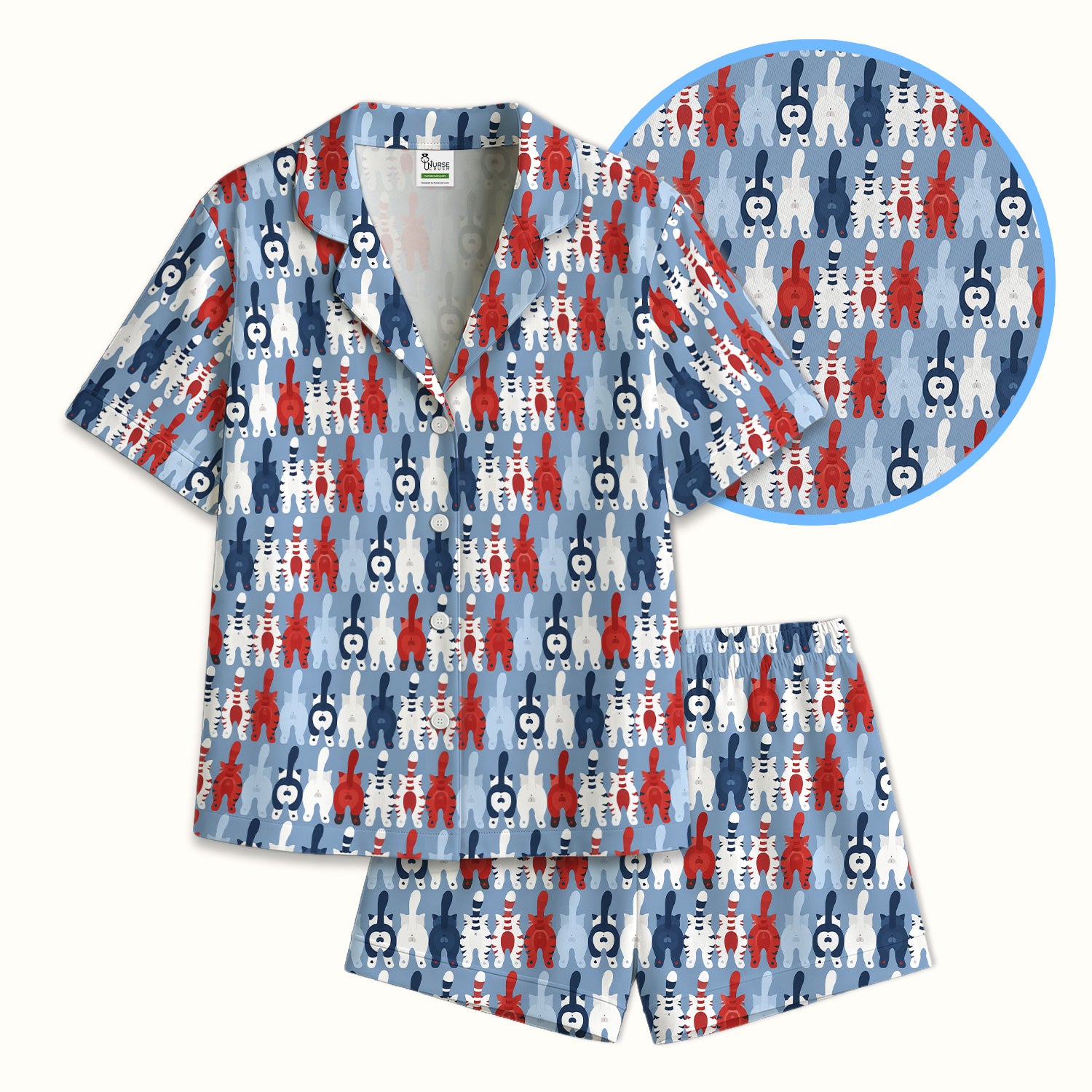 Colorful Patriotic Cat Tail Pattern Pajama Set, Soft Breathable Fabric Comfortable Sleepwear