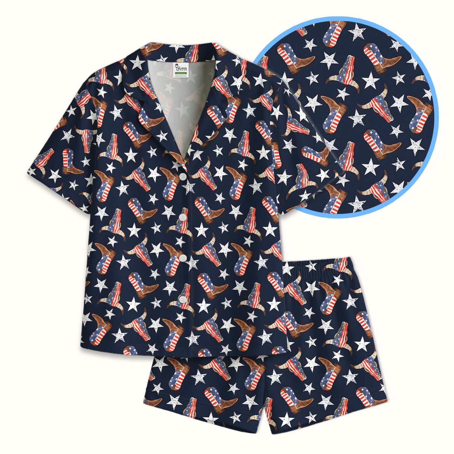 Western Boots Stars Pattern Pajama Set, Soft Breathable Fabric Comfortable Sleepwear