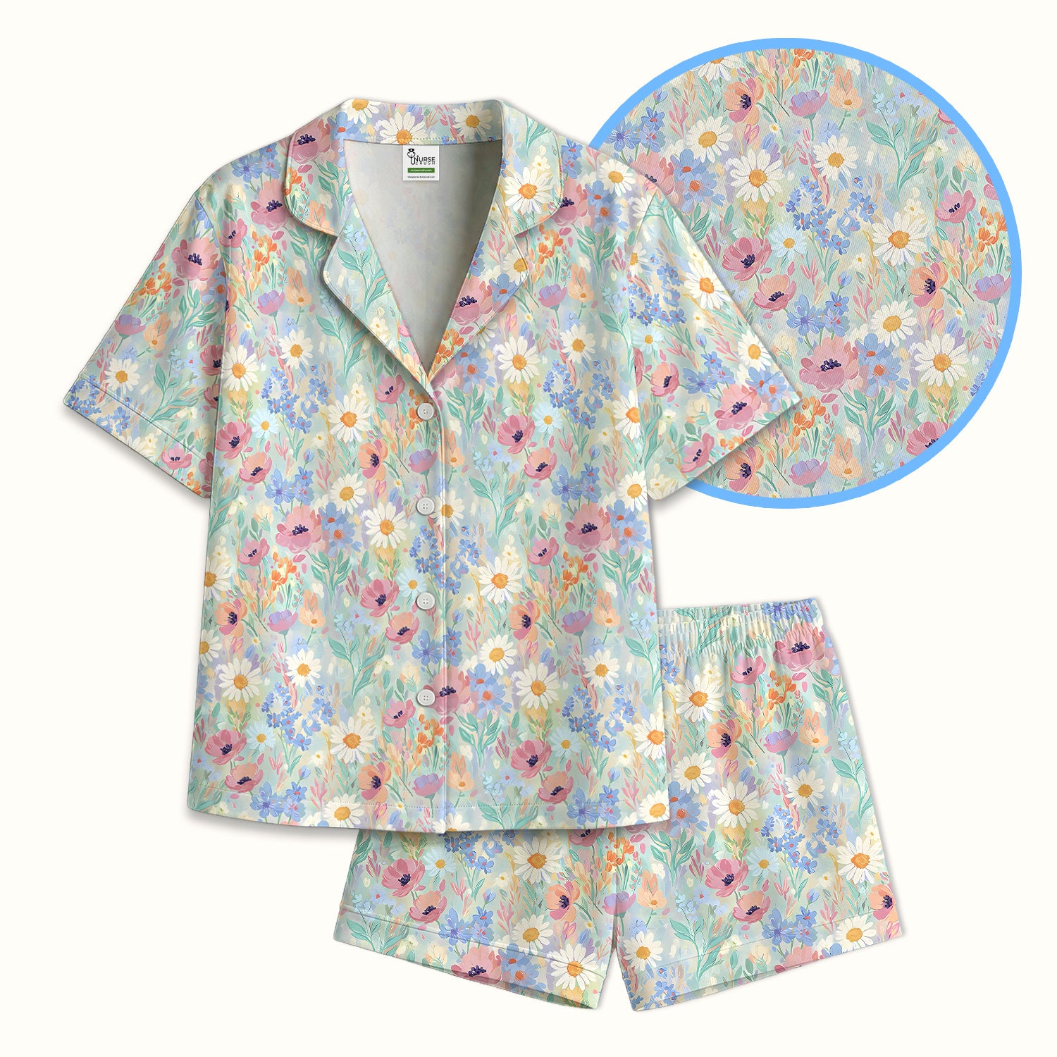 Pastel Wildflower Meadow Floral Pattern Pajama Set, Breathable Fabrics Uniform