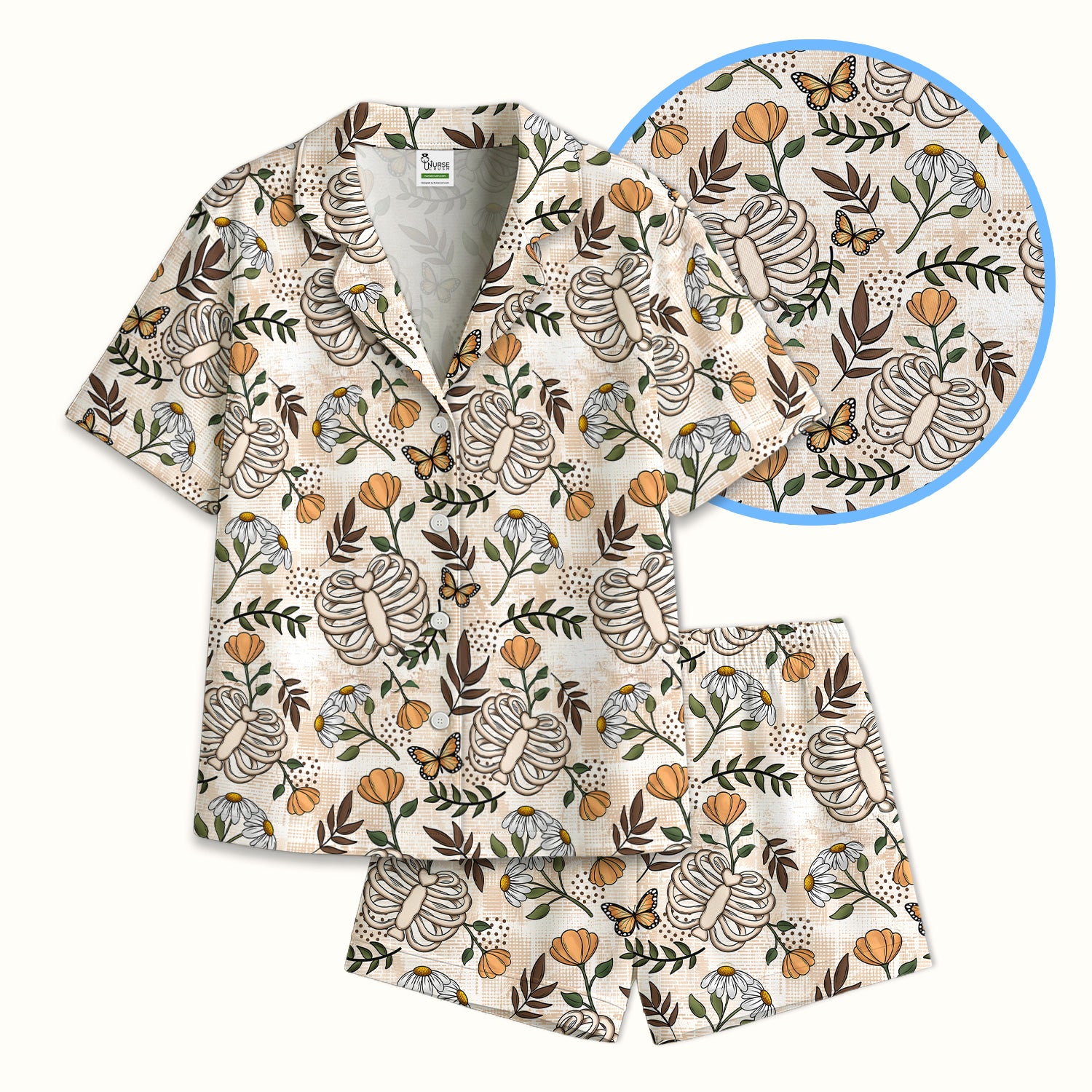 Skeleton Ribcage With Daisy And Butterfly Floral Pajama Set, Breathable Fabrics Uniform