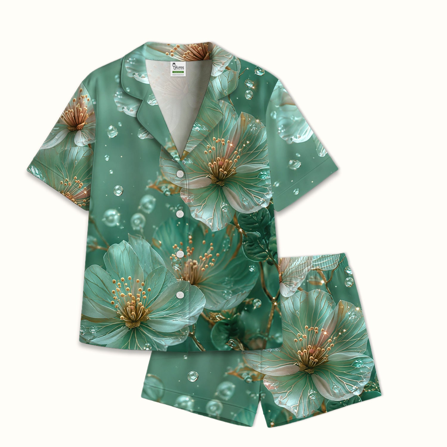 Elegant Mint Blossom Dewdrop Pattern Pajama Set, Soft Breathable Fabric Comfortable Sleepwear