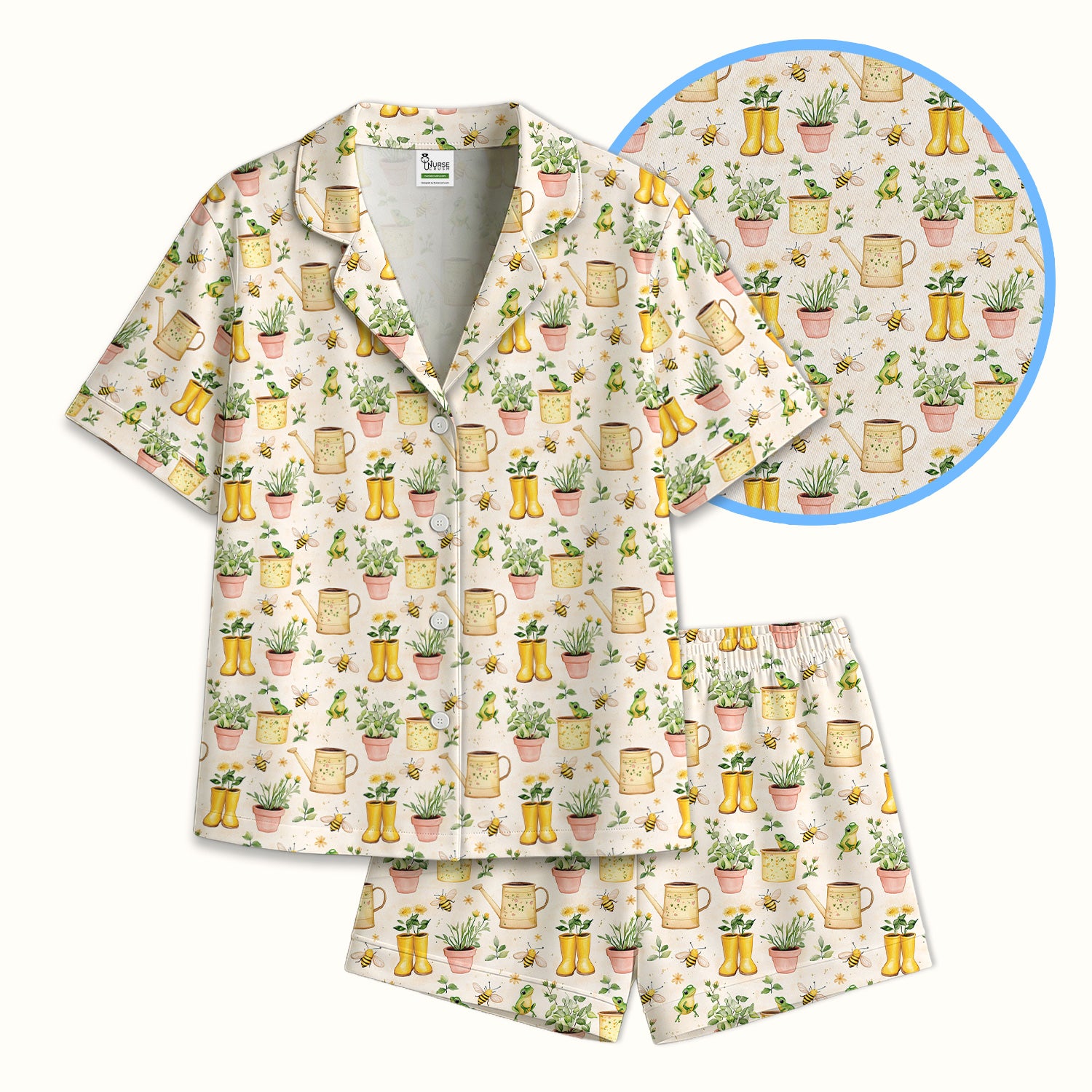 Cute Nurse Frog And Bee Garden Pattern Pajama Set, Breathable Fabrics Uniform