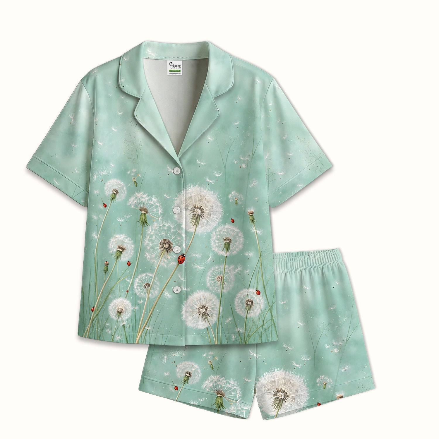 Dandelion Wishes Ladybug Meadow Pattern Pajama Set, Soft Breathable Fabric Comfortable Sleepwear