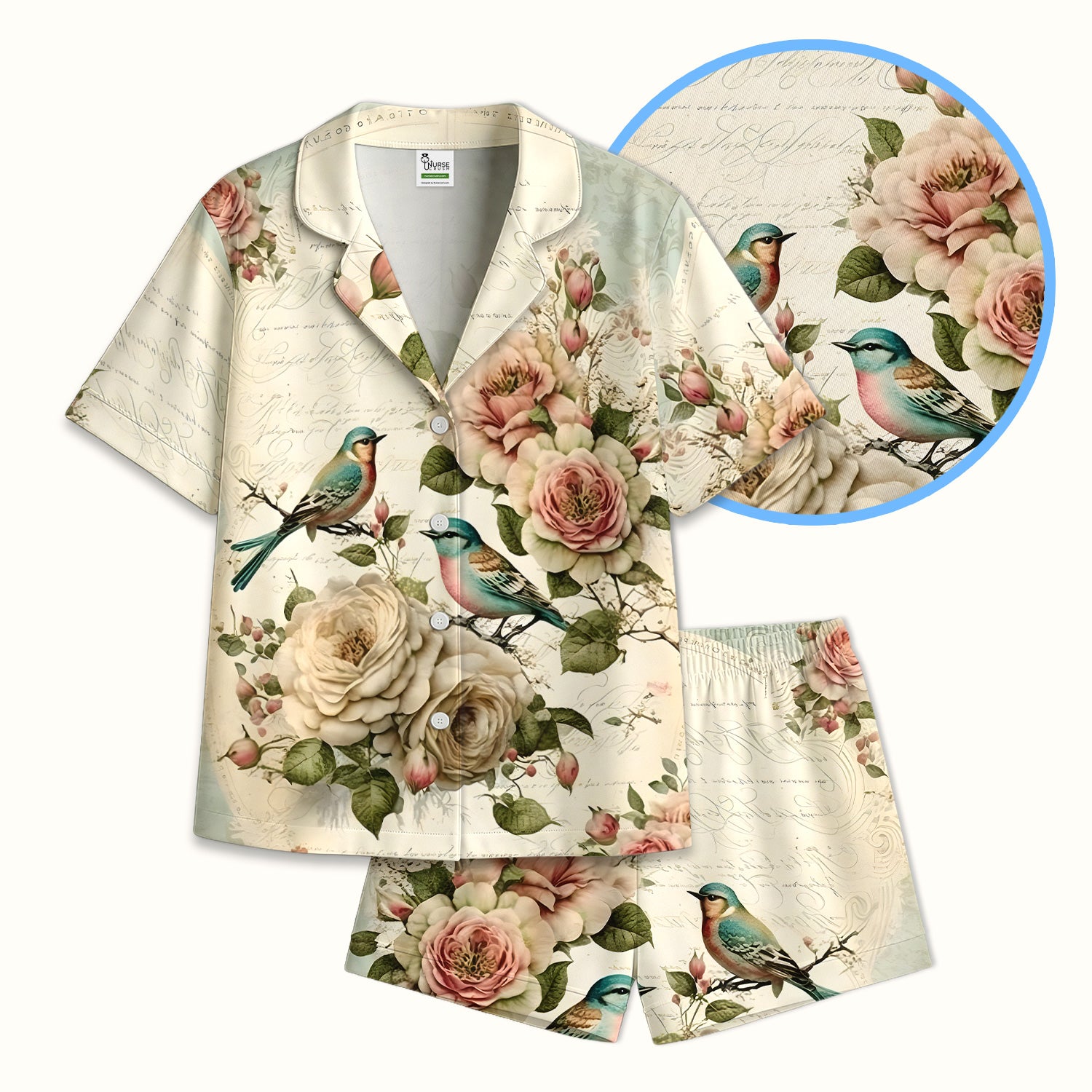 Vintage Birds Rose Pattern Pajama Set, Soft Breathable Fabric Comfortable Sleepwear