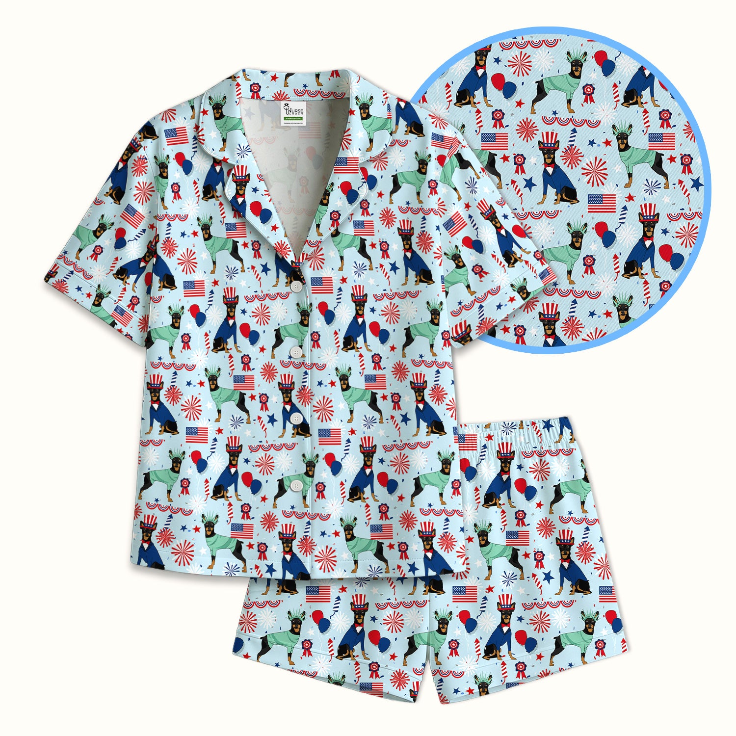 Patriotic Doberman Liberty Fireworks Pattern Pajama Set, Soft Breathable Fabric Comfortable Sleepwear