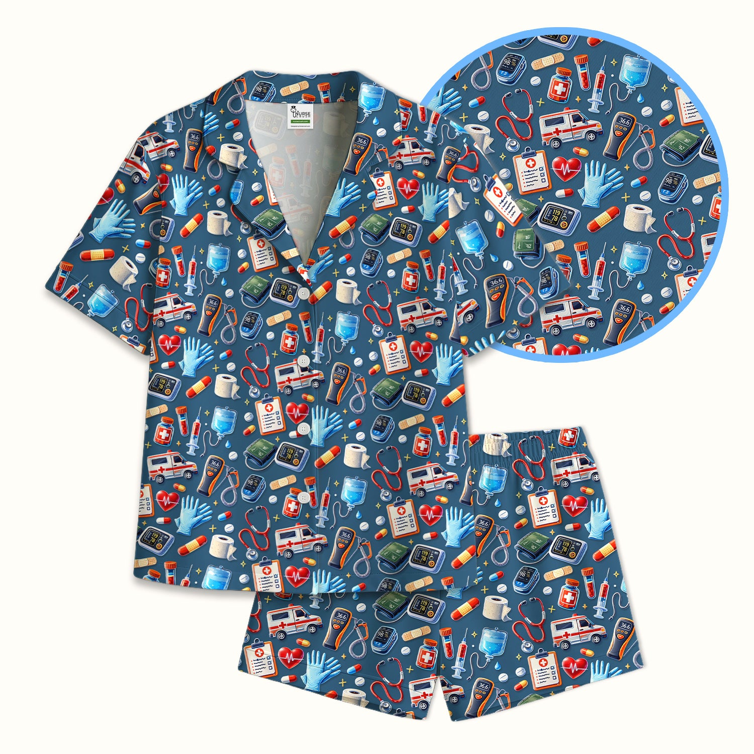Medical Tools Pattern Ambulance Stethoscope Pajama Set, Breathable Fabrics Uniform