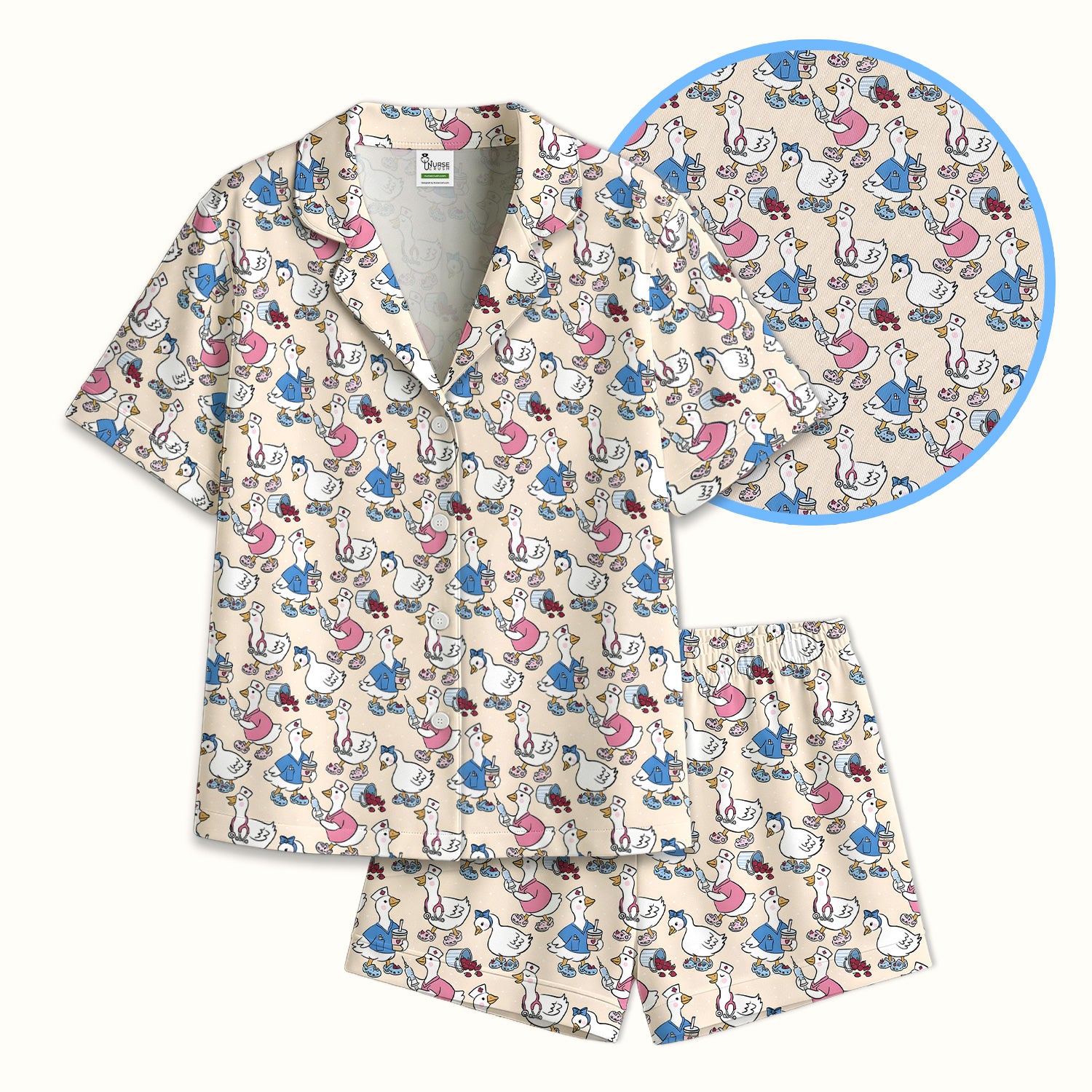 Cute Nurse Goose Cartoon Pattern Pajama Set, Soft Breathable Fabric Comfortable Sleepwear