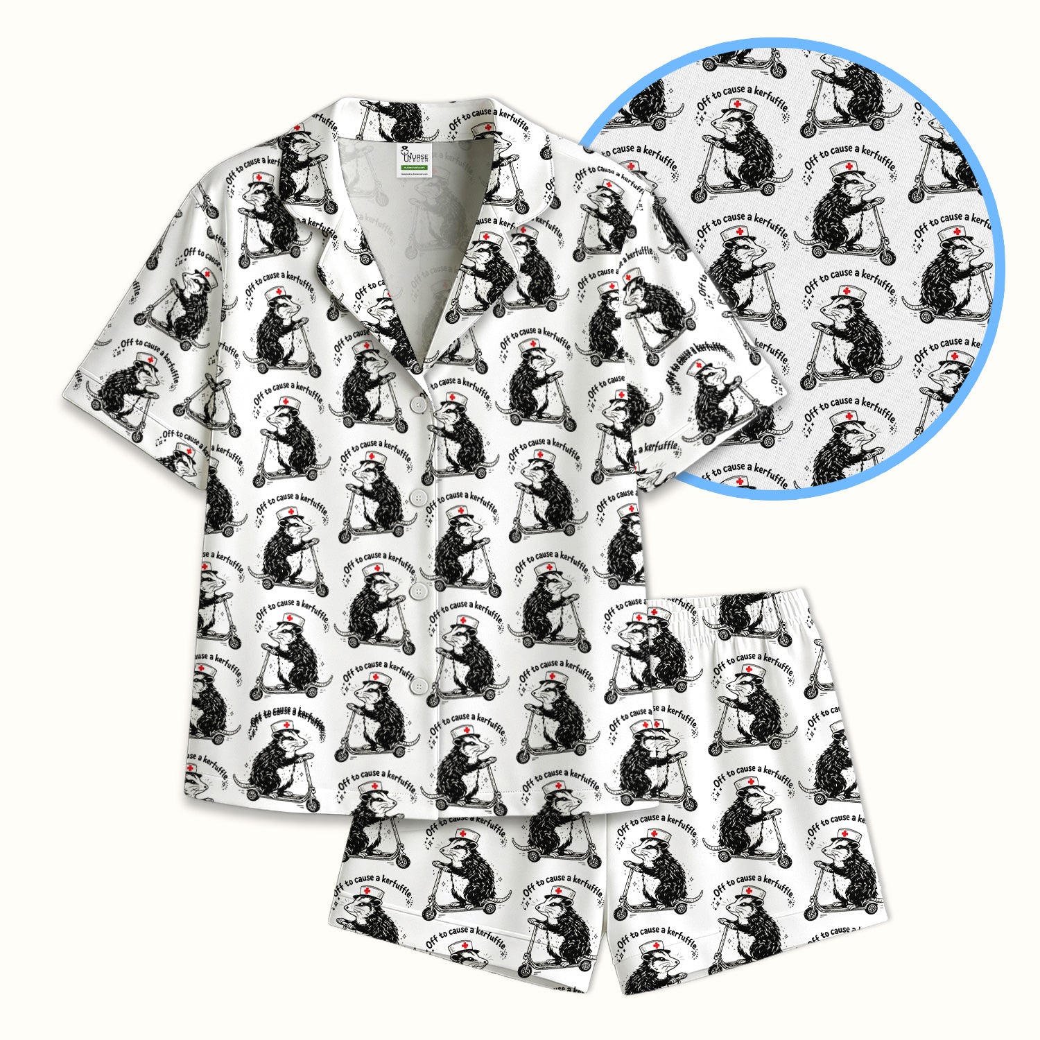 Funny Opossum Nurse Riding Scooter Pattern Pajama Set, Soft Breathable Fabric Comfortable Sleepwear