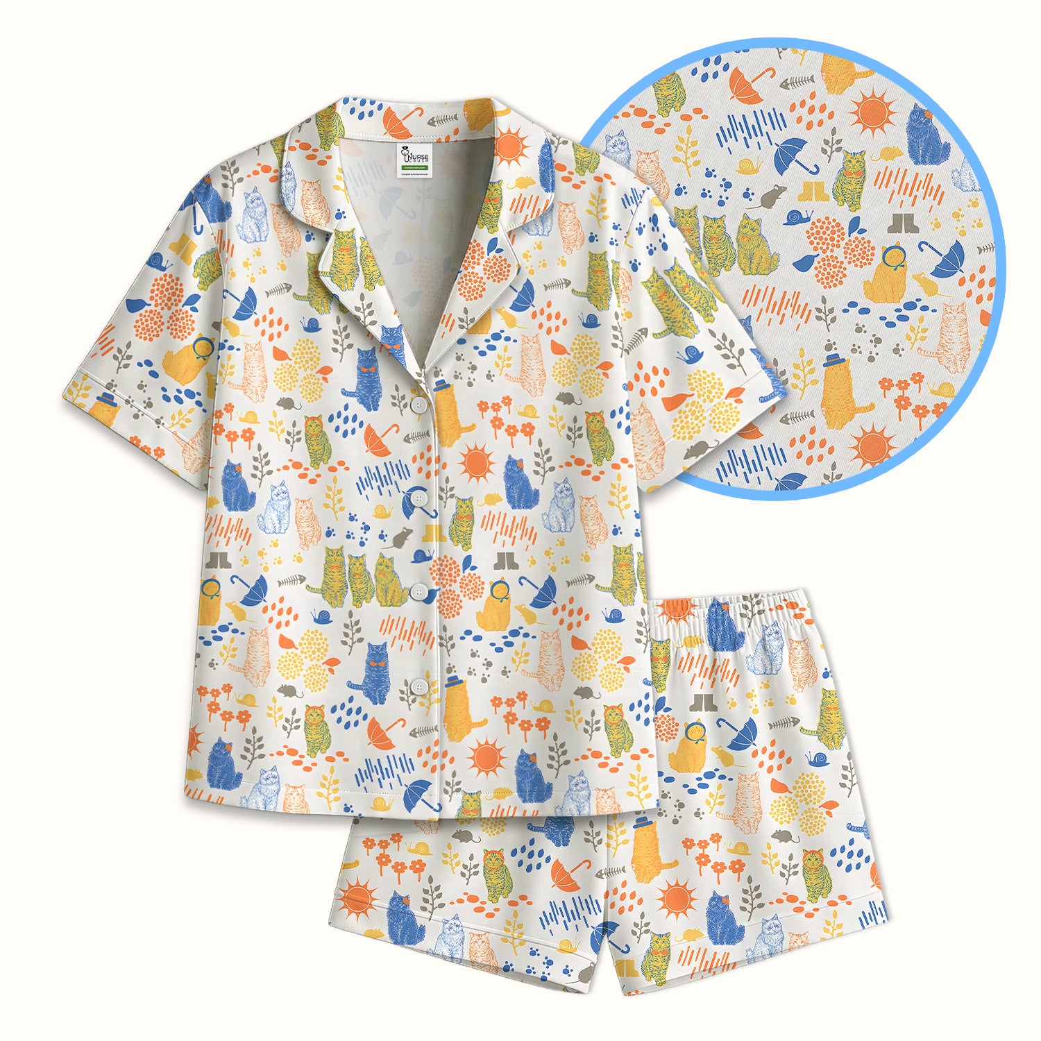 Cozy Rainy Day Cat Lover Nature Nurse Pattern Pajama Set, Soft Breathable Fabric Comfortable Sleepwear