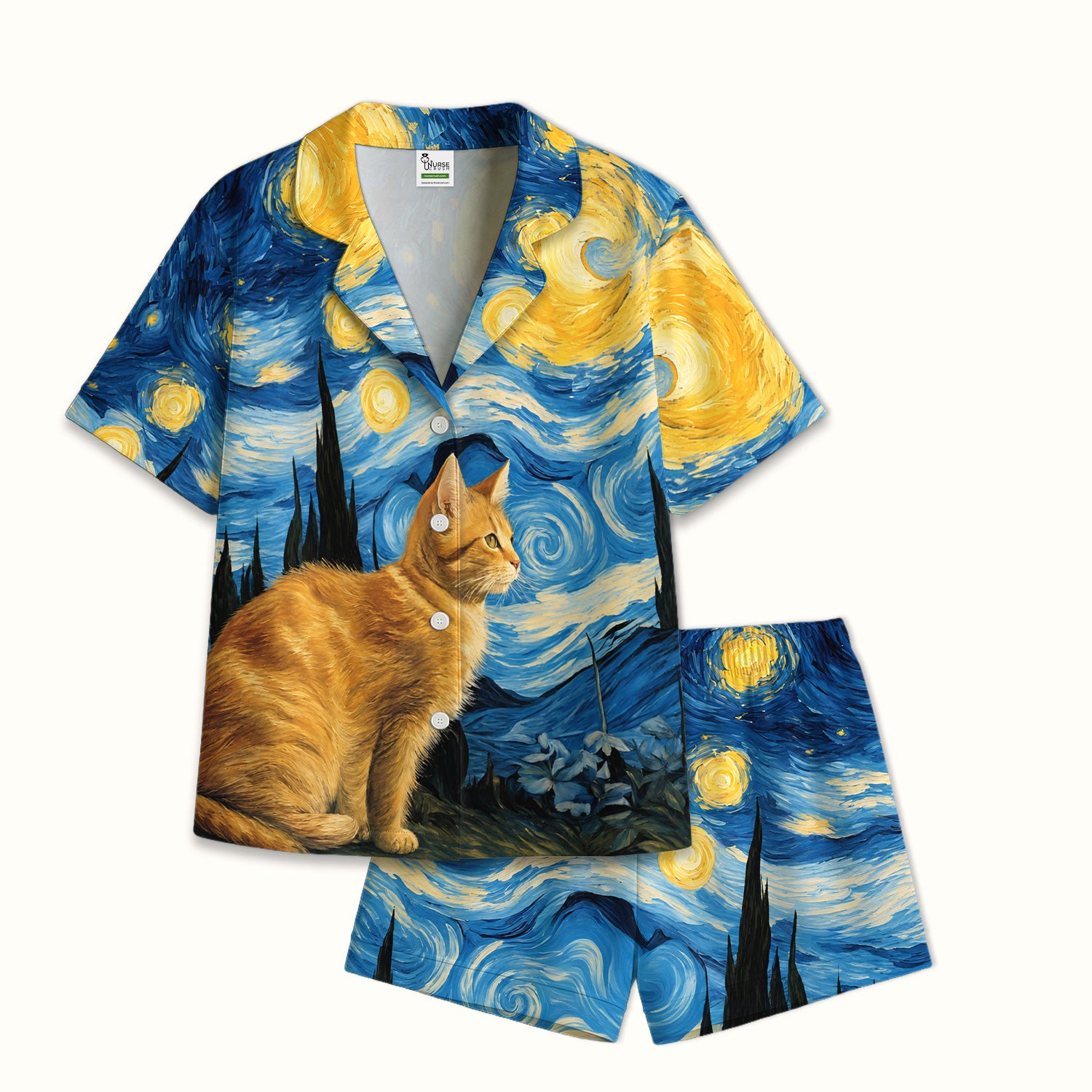 Swirling Moonlit Cat Scene Print Pajama Set, Soft Breathable Fabric Comfortable Sleepwear