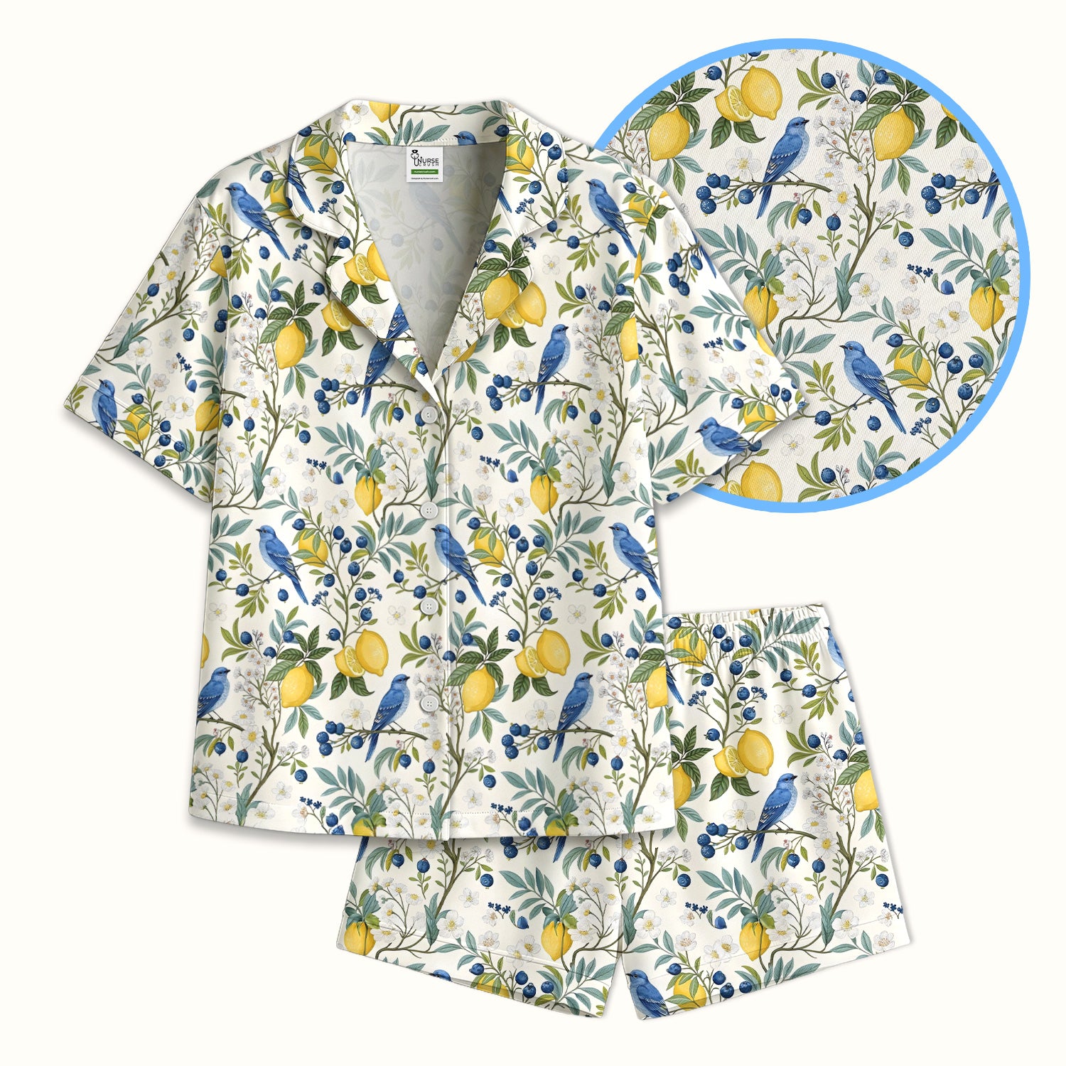 Cute Bluebird Lemon Berry Pattern Pajama Set, Soft Breathable Fabric Comfortable Sleepwear