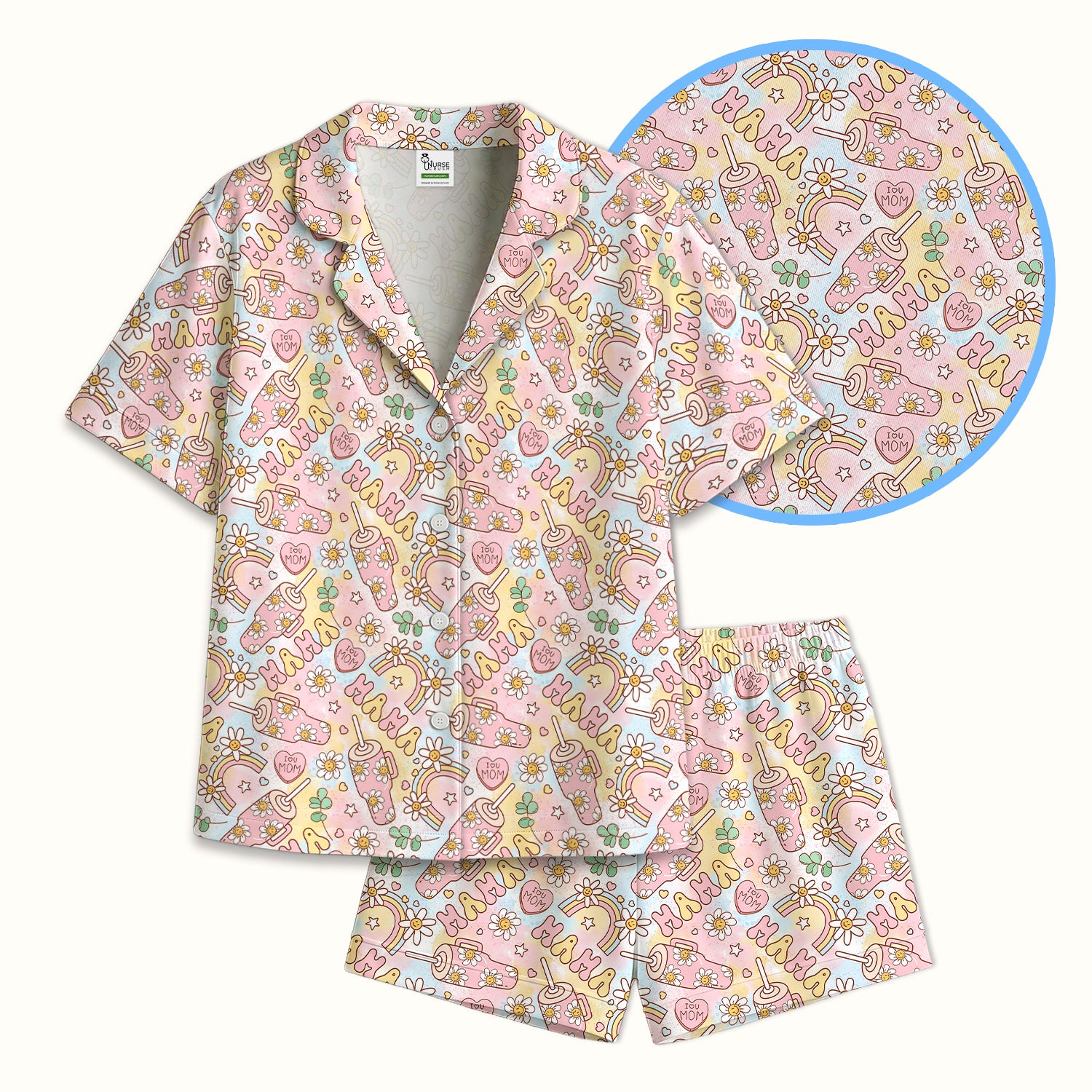 Sweet Nurse Mama Daisy Rainbow Pattern Pajama Set, Soft Breathable Fabric Comfortable Sleepwear