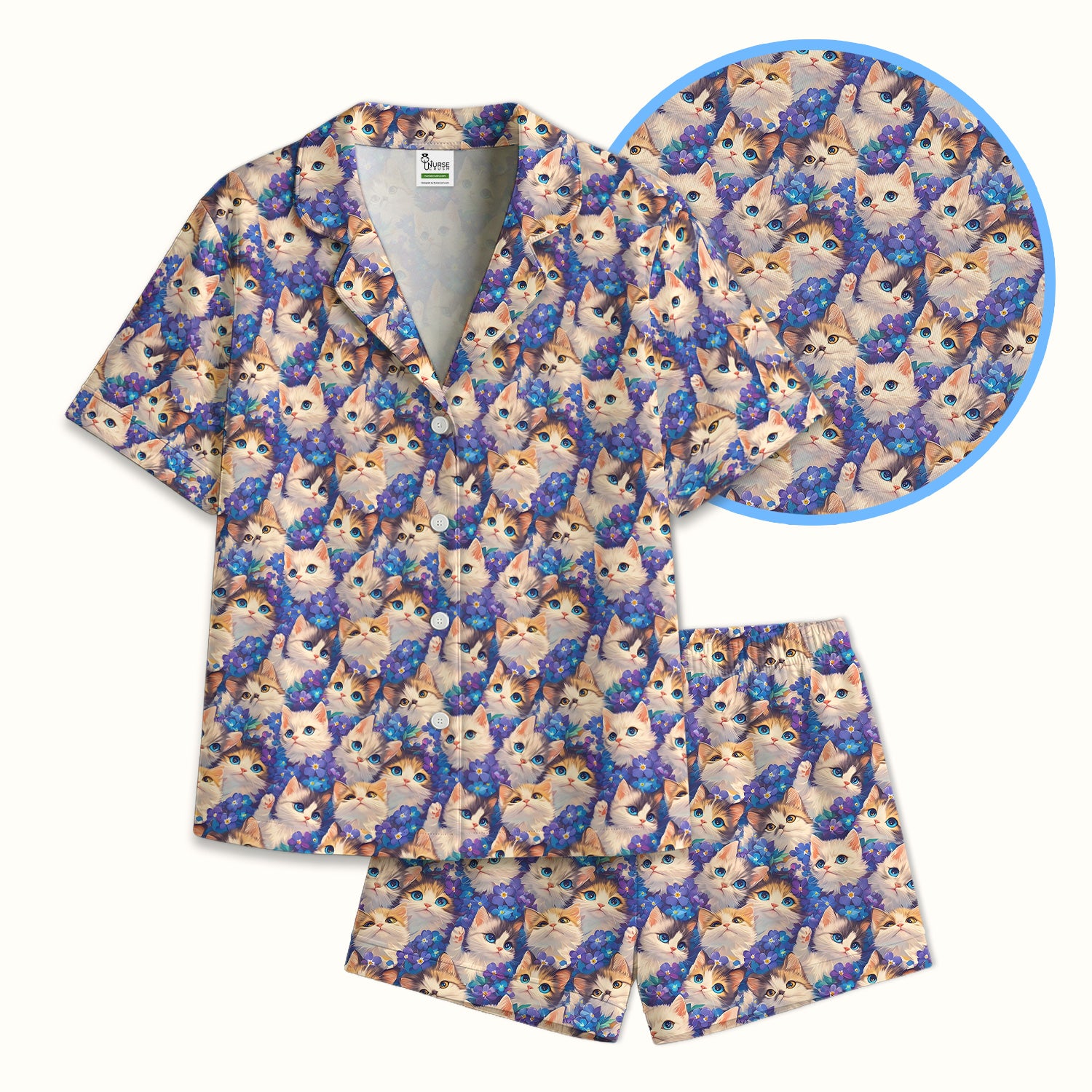 Cute Blue Eyed Kitten Pattern Pajama Set, Soft Breathable Fabric Comfortable Sleepwear