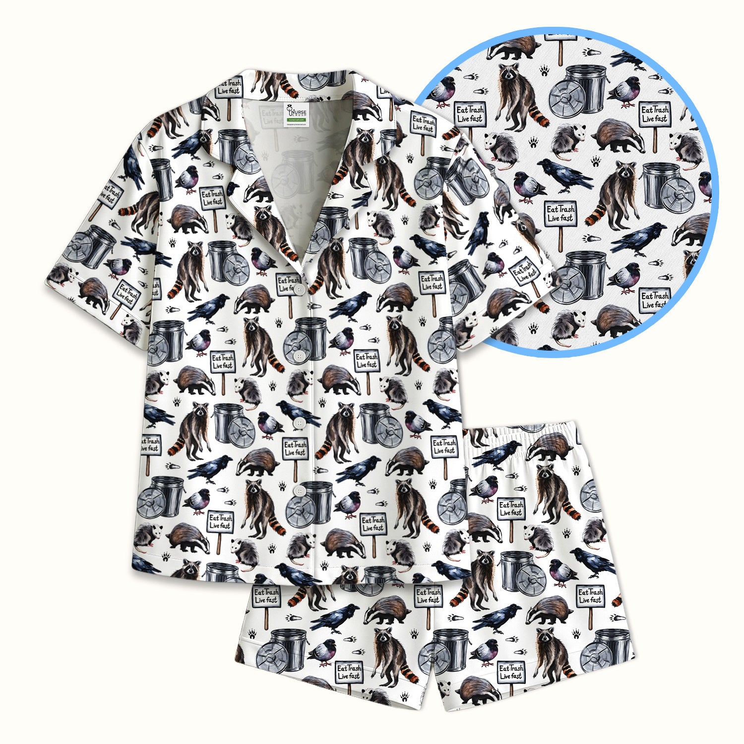 Raccoon And Opossum Eat Trash Live Fast Pattern Pajama Set, Breathable Fabrics Uniform