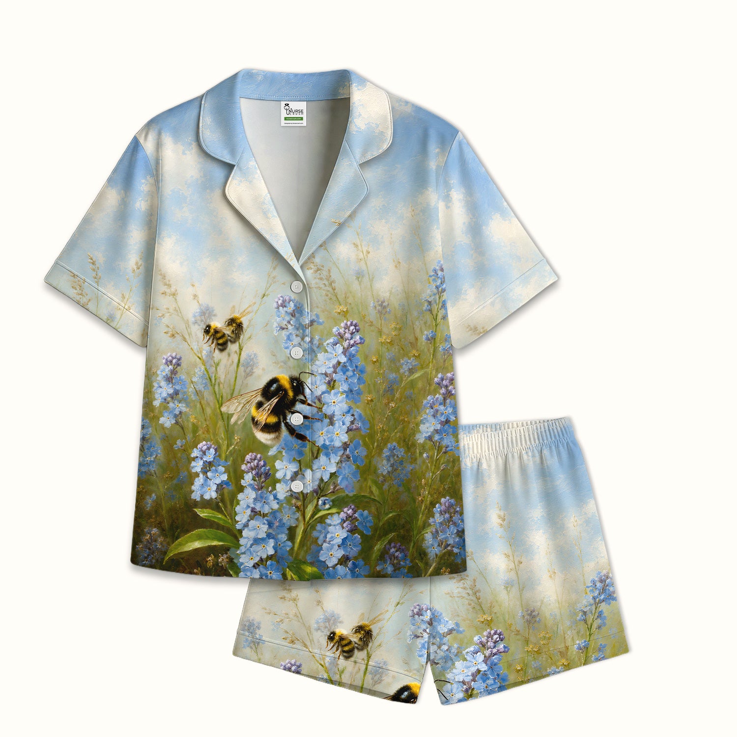 Whimsical Bumblebee Blue Blossom Pattern Pajama Set, Soft Breathable Fabric Comfortable Sleepwear