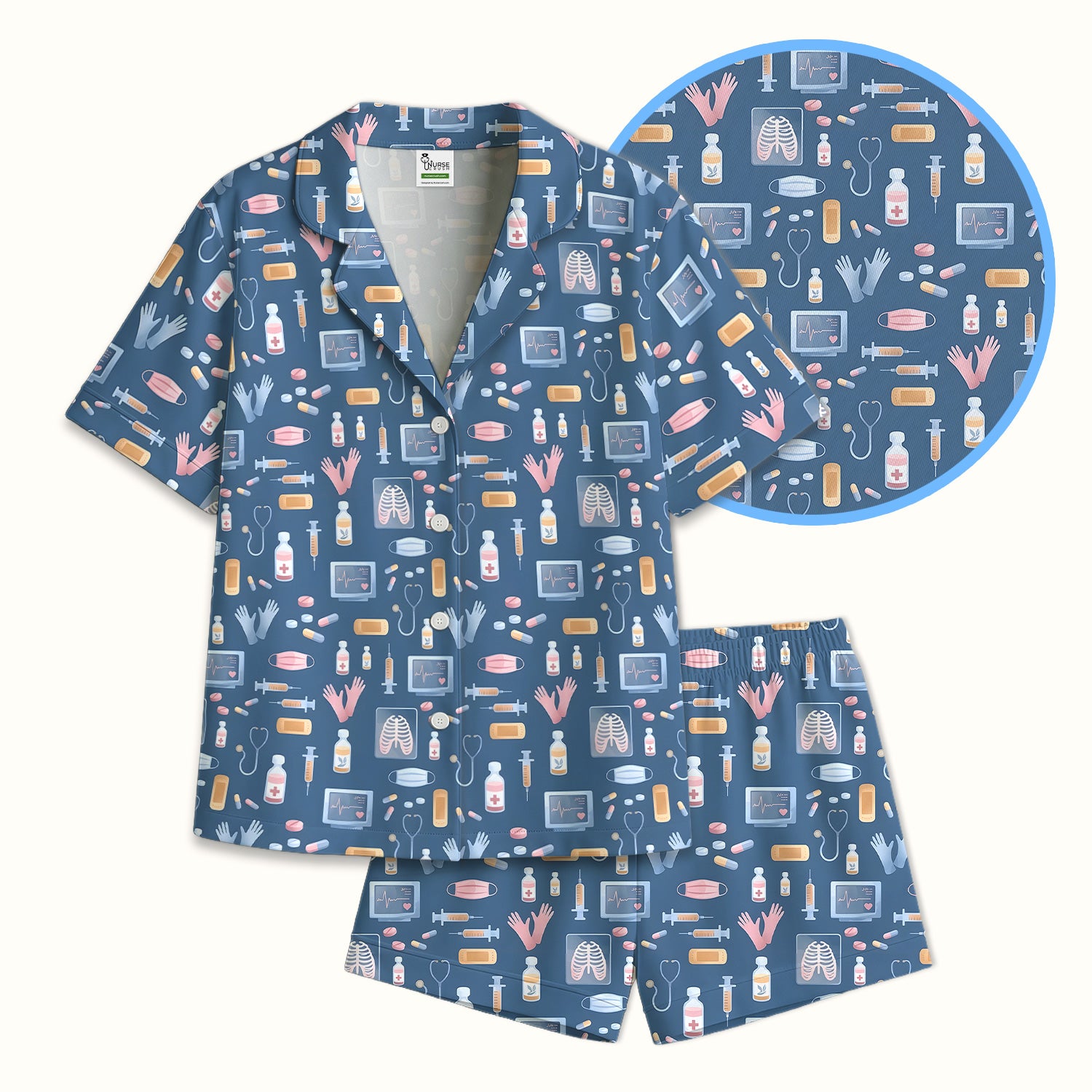 Medical Tools Gloves Syringe Pill Monitor Pattern Pajama Set,  Breathable Fabrics Uniform