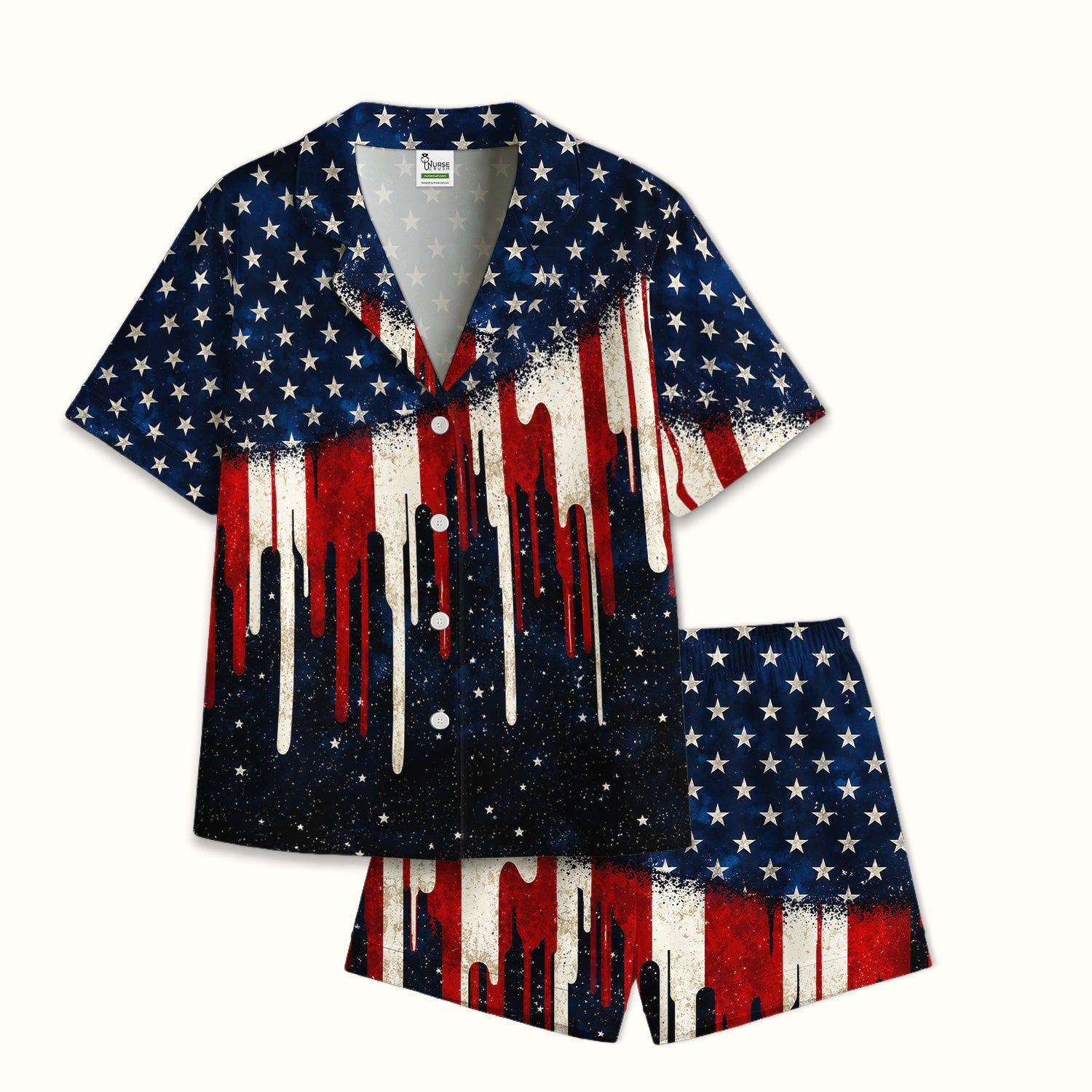 Festive Patriotic Dripping Flag Pattern Pajama Set, Soft Breathable Fabric Comfortable Sleepwear