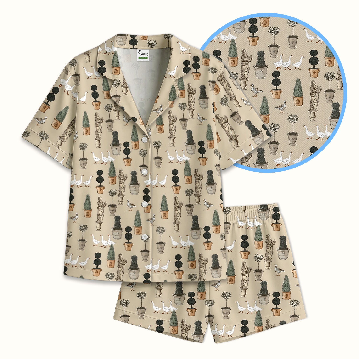 Vintage Garden Statue Topiary Goose Bird Pattern Pajama Set, Soft Breathable Fabric Comfortable Sleepwear