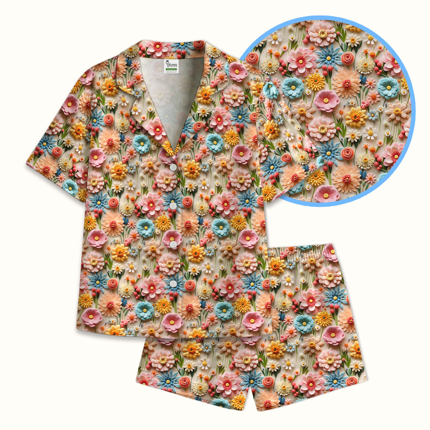 Colorful Blooming Wildflower Pattern Pajama Set, Soft Breathable Fabric Comfortable Sleepwear