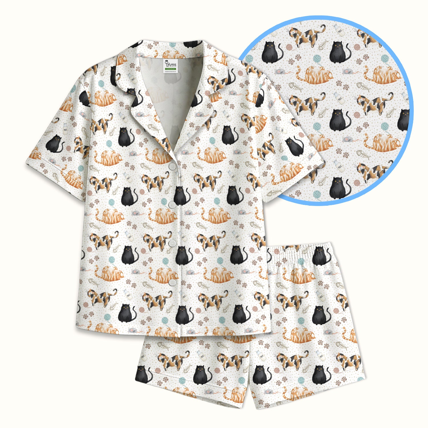 Cute Cat Yarn Paw Pattern Pajama Set, Soft Breathable Fabric Comfortable Sleepwear