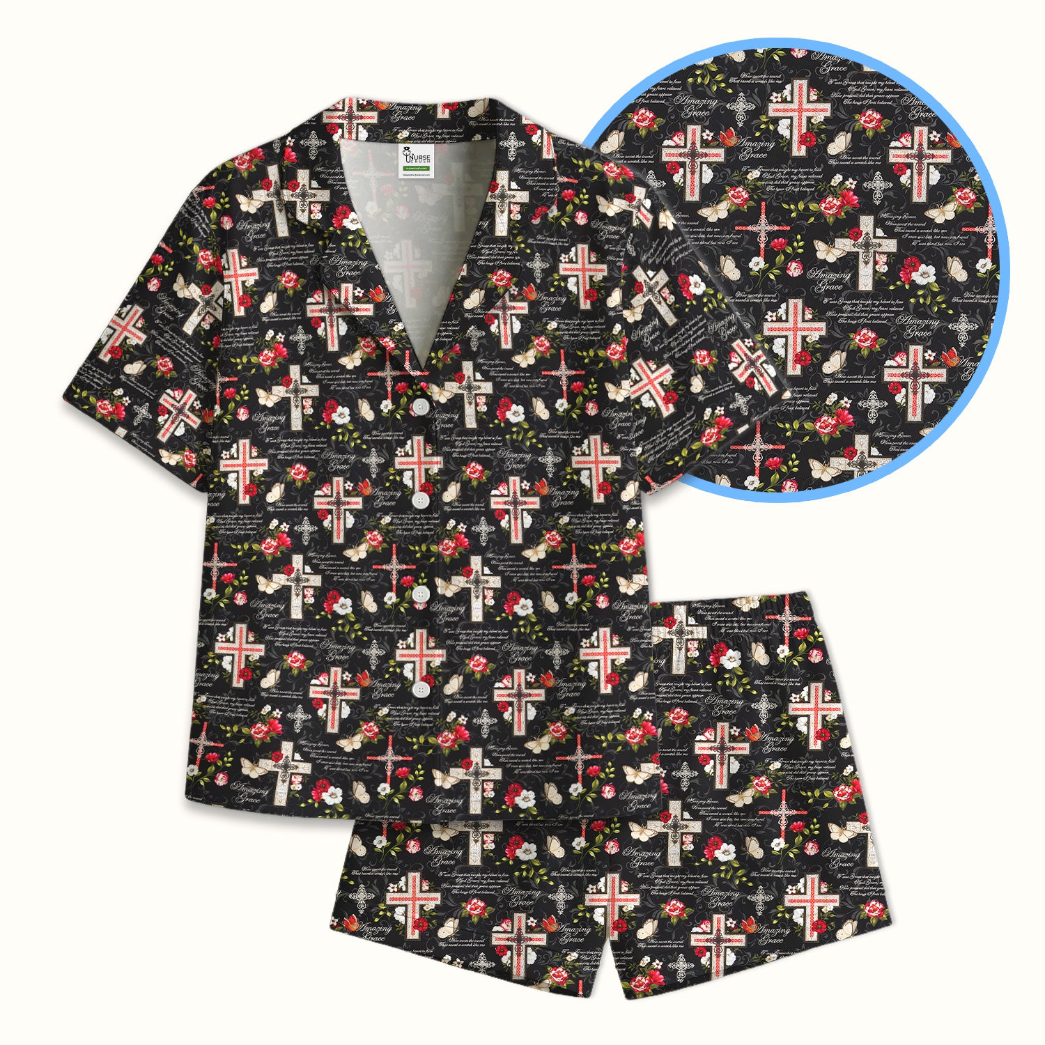 Christian Cross Roses And Butterflies Print Pajama Set, Soft Breathable Fabric Comfortable Sleepwear