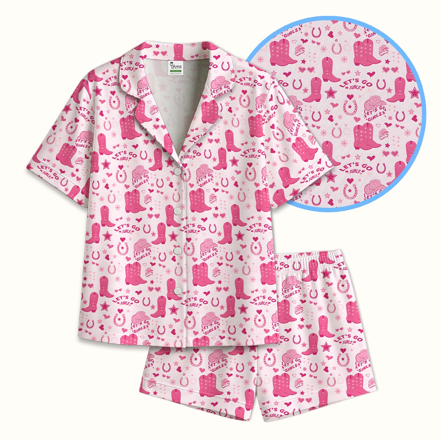 Pink Cowgirl Boots Print Pajama Set, Soft Breathable Fabric Comfortable Sleepwear