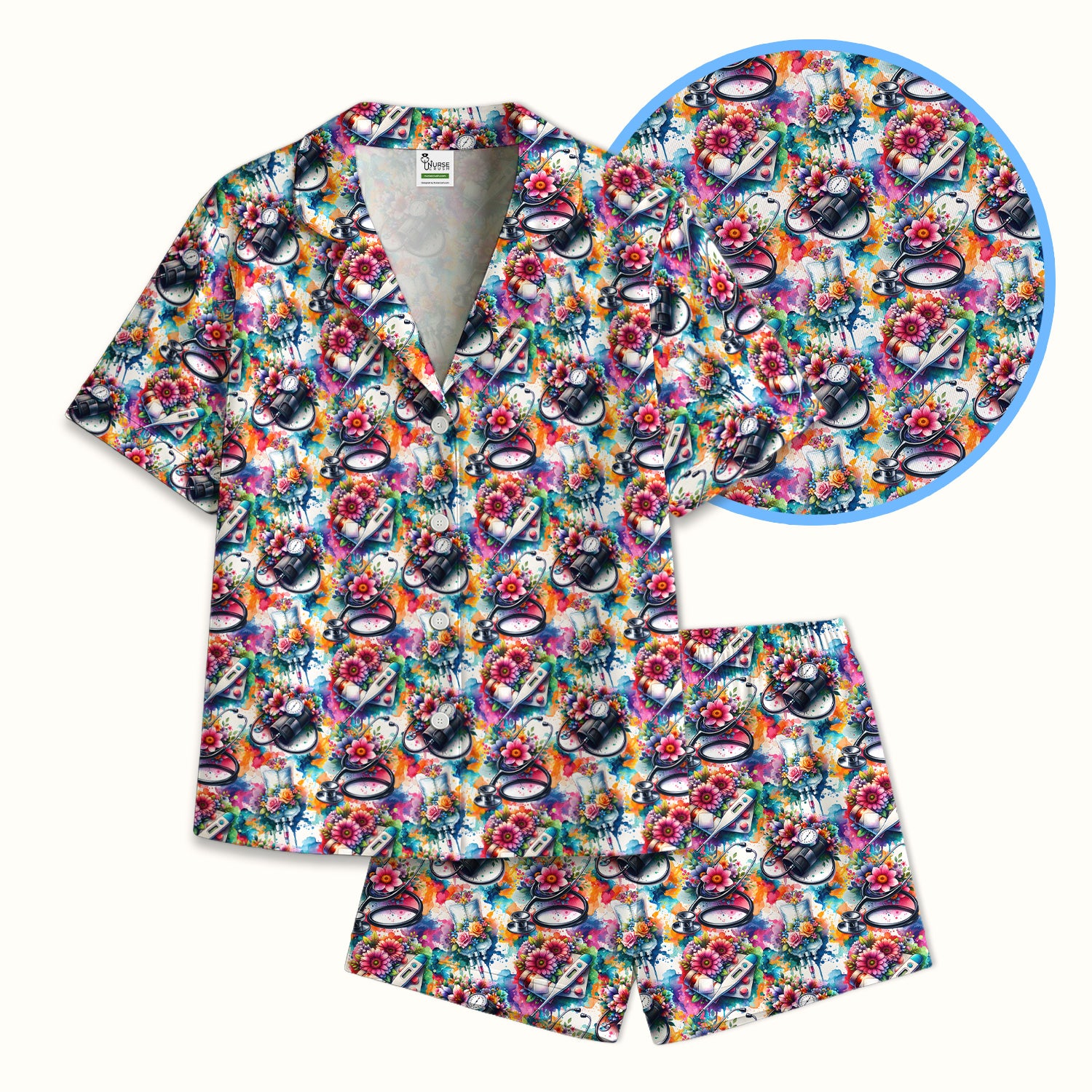Colorful Medical Tools Floral Pattern Pajama Set, Soft Breathable Fabric Comfortable Sleepwear