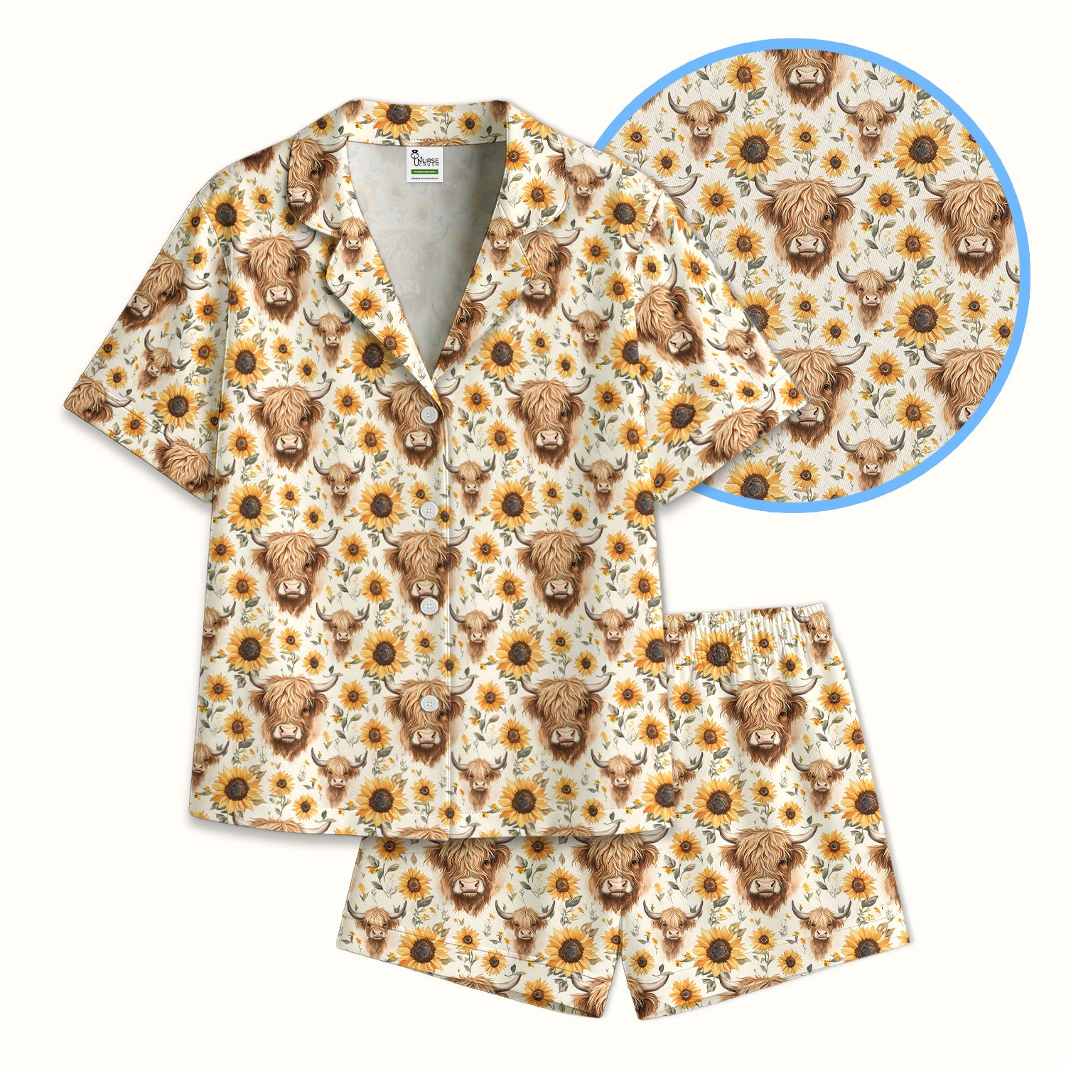 Highland Cow Sunflower Pajama Set, Breathable Fabrics Uniform