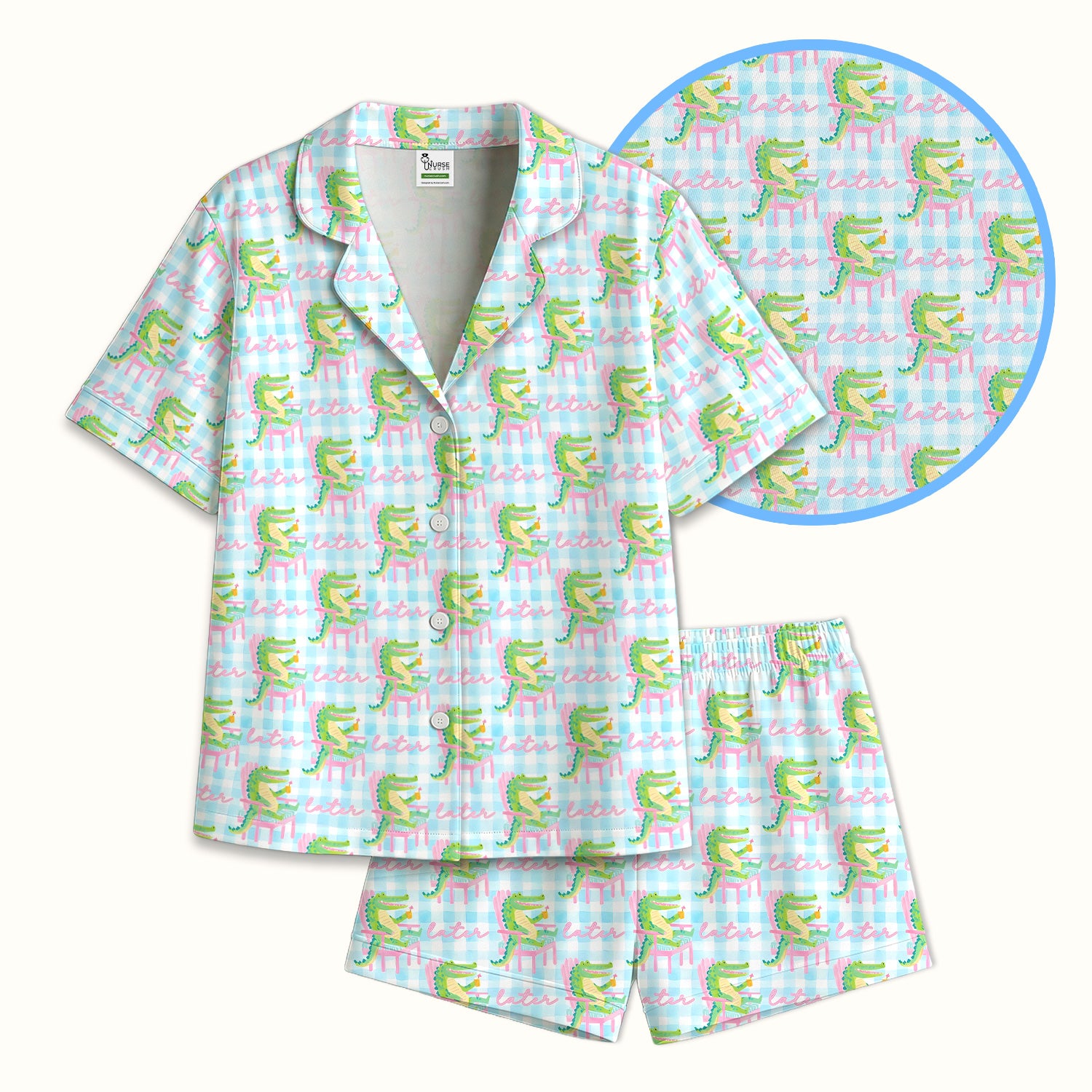 Funny Lazy Crocodile Later Pattern Pajama Set, Soft Breathable Fabric Comfortable Sleepwear