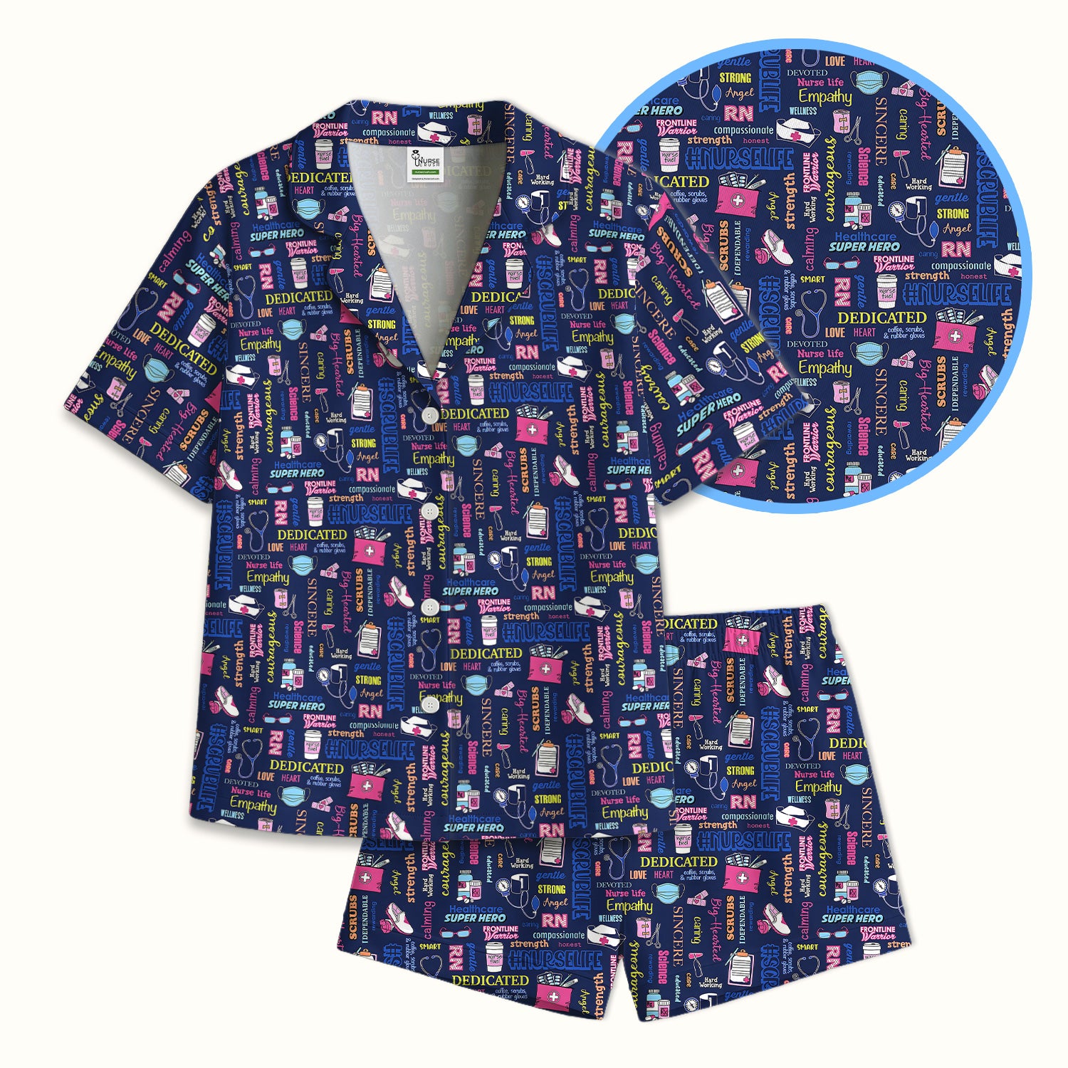 Colorful Nurse Life Typography Print Pajama Set, Soft Breathable Fabric Comfortable Sleepwear