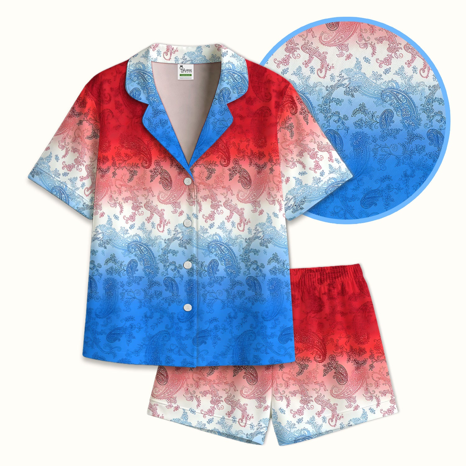Red Blue Paisley Ombre Pattern Pajama Set, Soft Breathable Fabric Comfortable Sleepwear