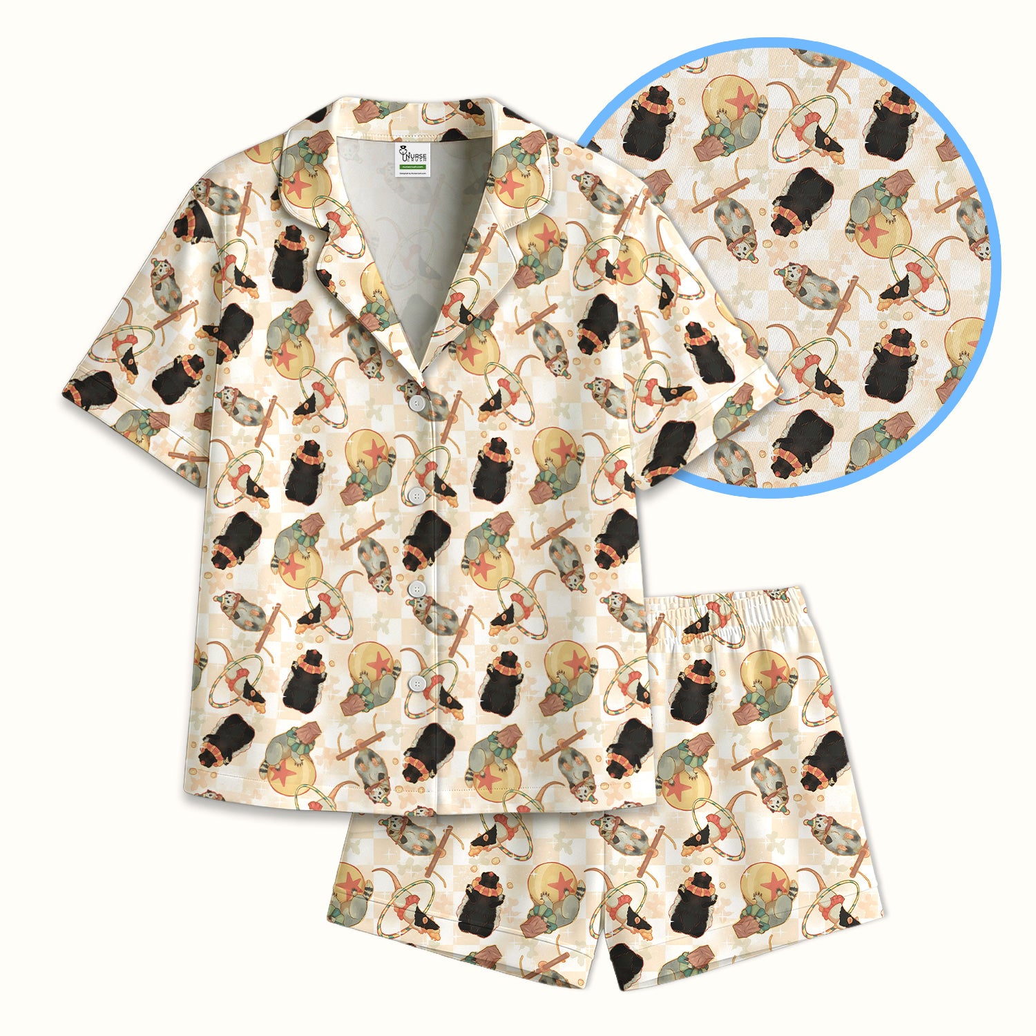 Cute Circus Animal Mouse Acrobat Pattern Pajama Set, Soft Breathable Fabric Comfortable Sleepwear