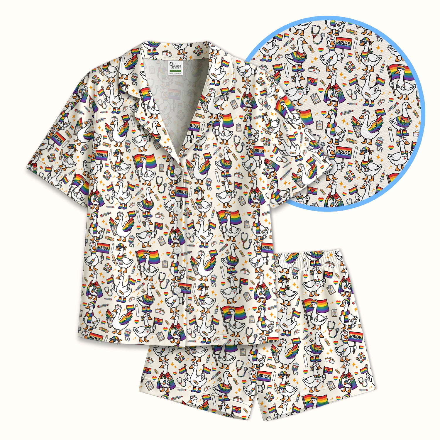 LGBT Pride Nurse Duck Pattern Pajama Set, Breathable Fabrics Uniform