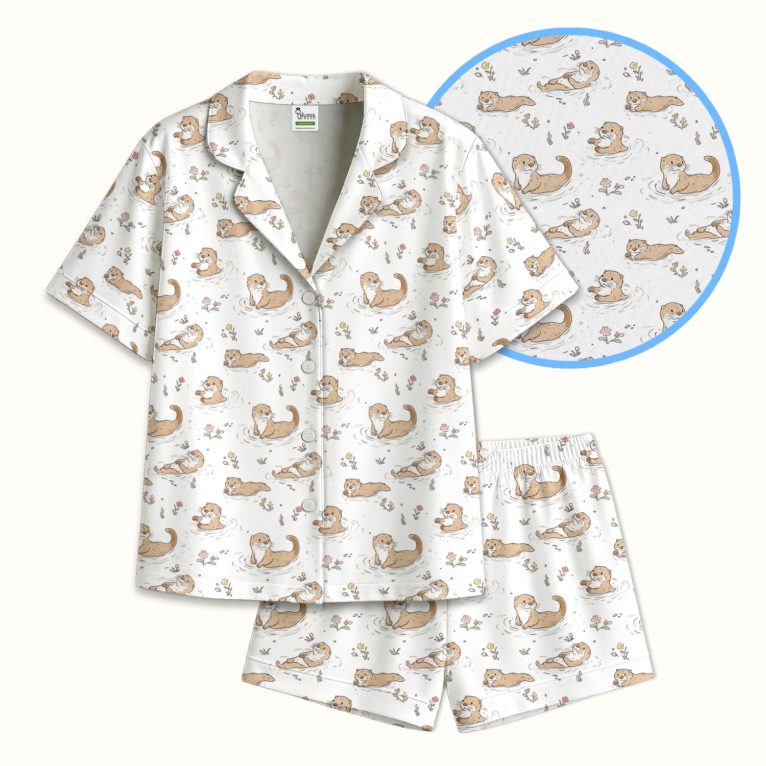 Otter Swimming Floating Water Pattern Pajama Set, Breathable Fabrics Uniform