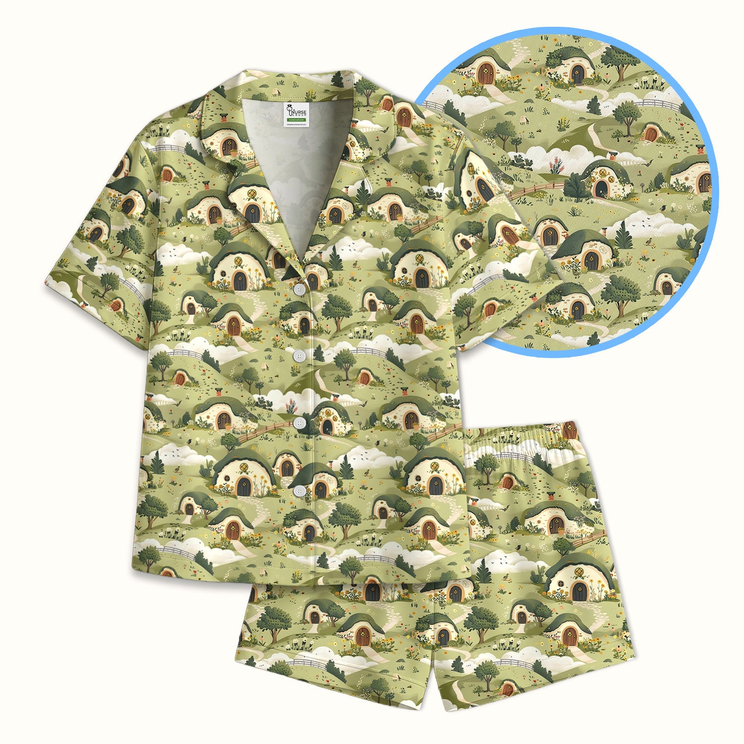 Cozy Hobbit Village Landscape Pattern Pajama Set, Soft Breathable Fabric Comfortable Sleepwear