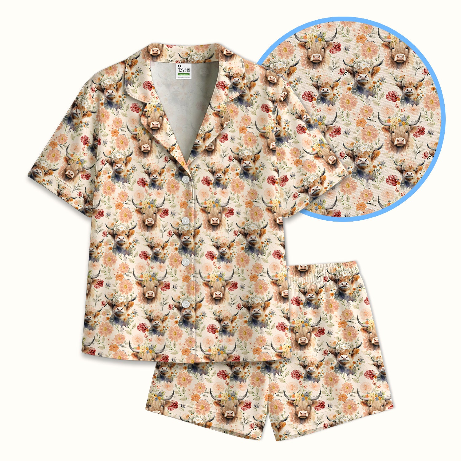 Cute Highland Cow Floral Pattern Pajama Set, Soft Breathable Fabric Comfortable Sleepwear