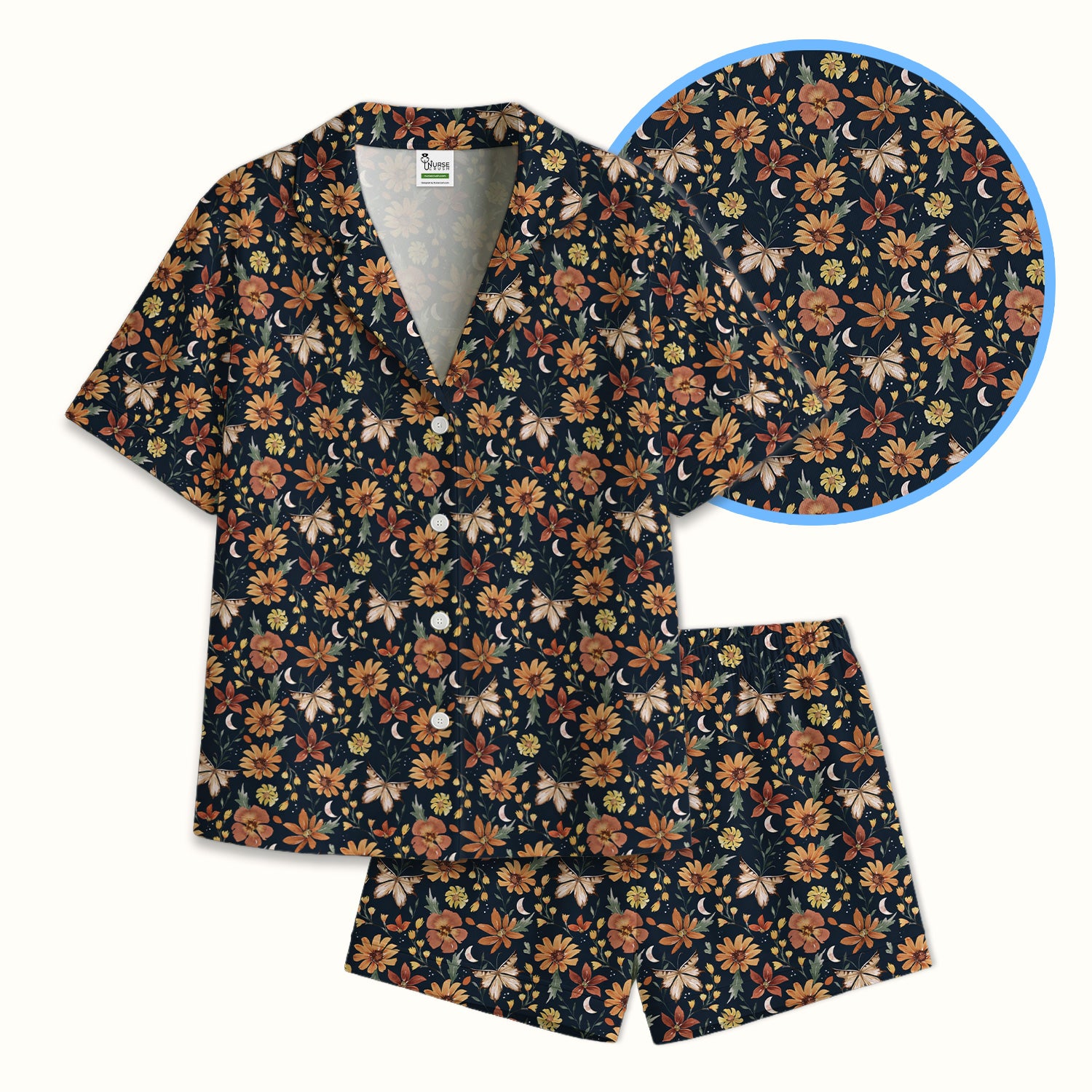 Charming Autumn Floral Butterfly Moon Pattern Pajama Set, Soft Breathable Fabric Comfortable Sleepwear
