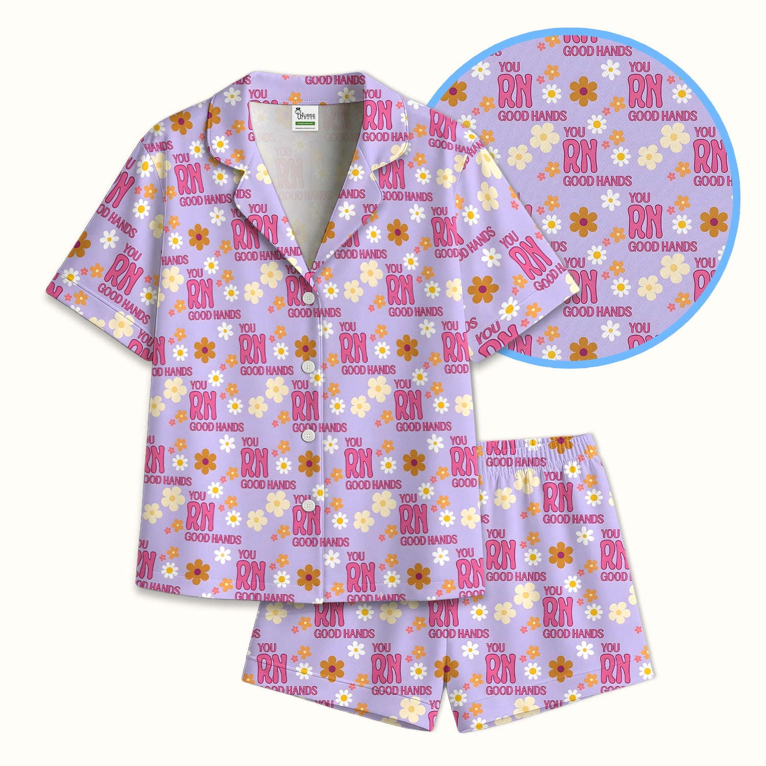 You RN Good Hands Floral Daisy Pattern Pajama Set, Breathable Fabrics Uniform