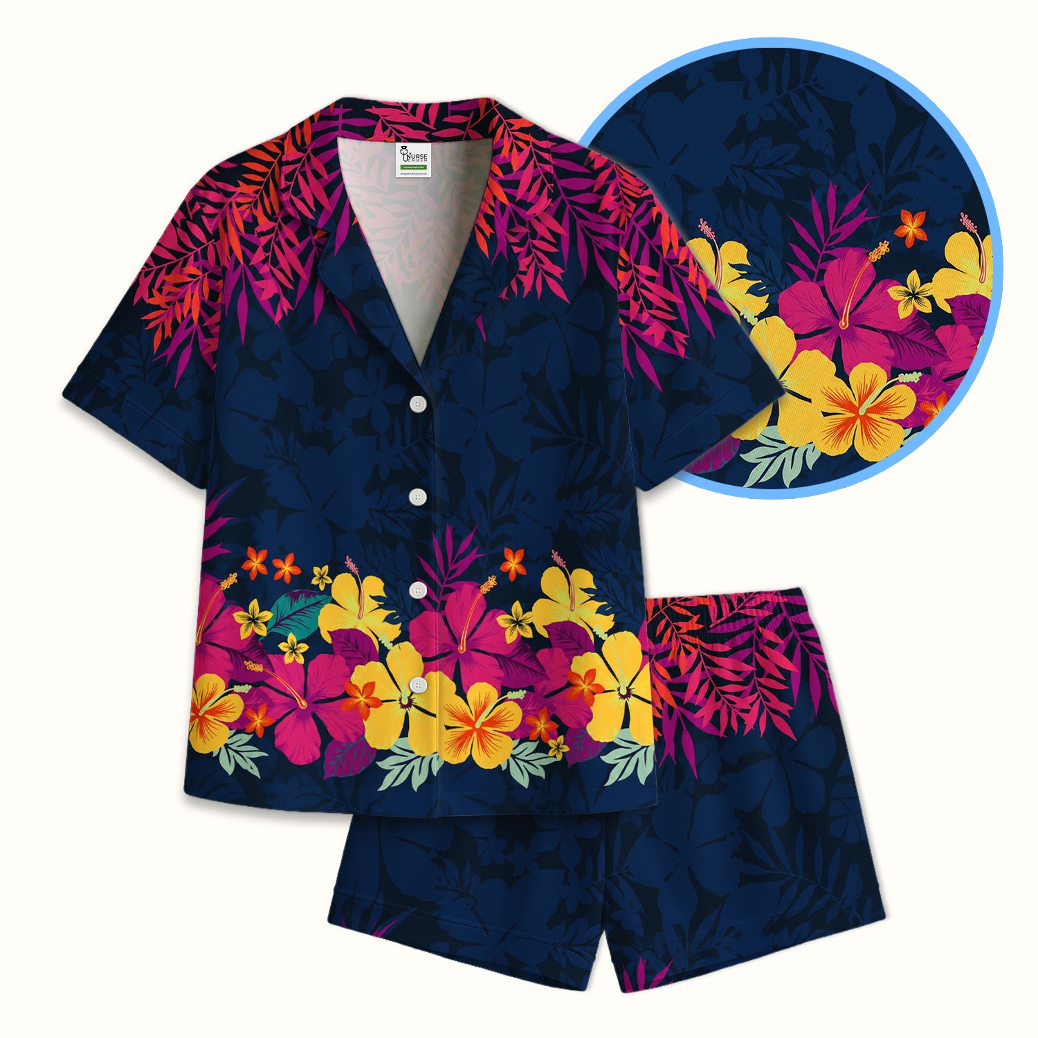 Tropical Hibiscus Palm Leaf Pattern Pajama Set, Soft Breathable Fabric Comfortable Sleepwear