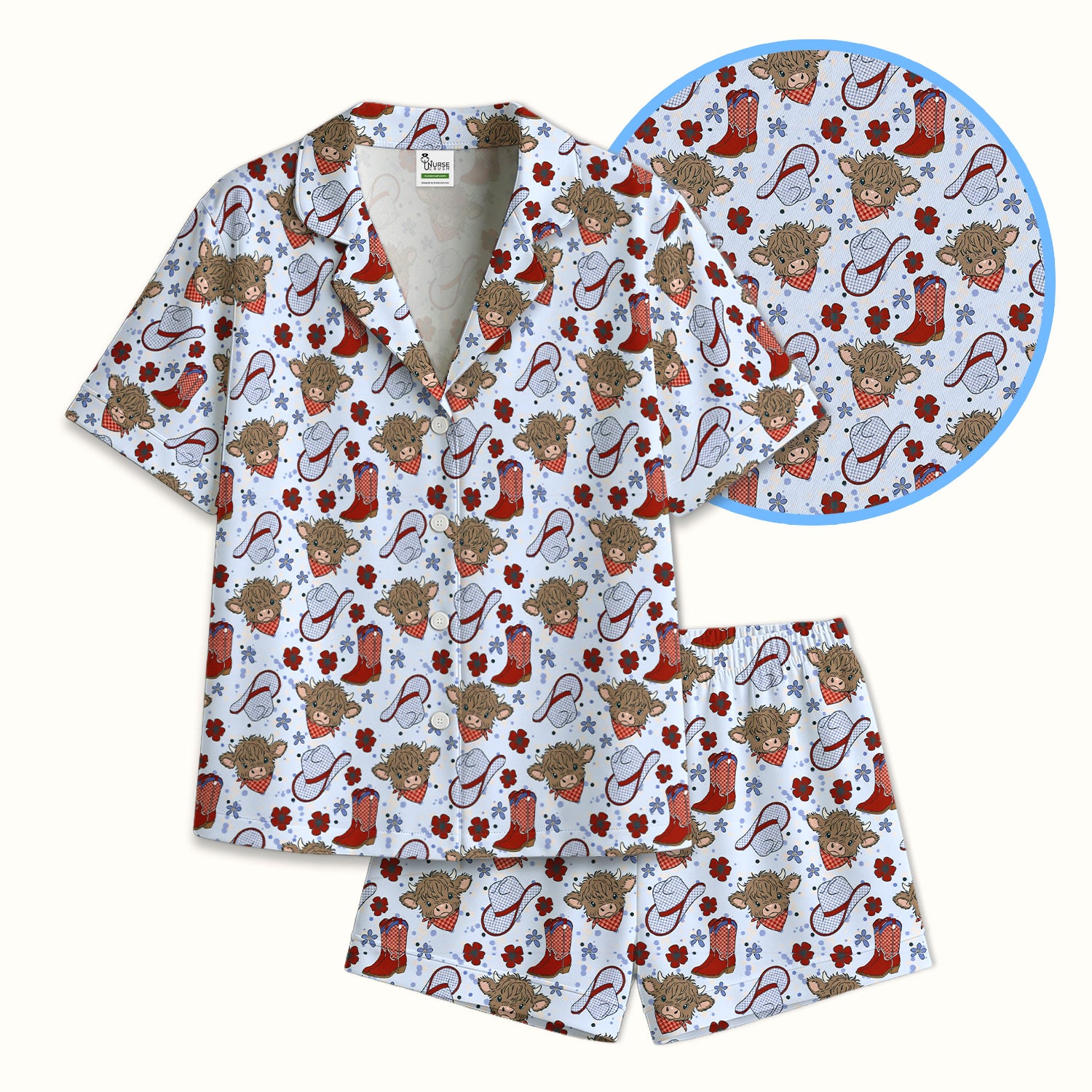Cute Highland Cow Cowboy Boots Pattern Pajama Set, Soft Breathable Fabric Comfortable Sleepwear