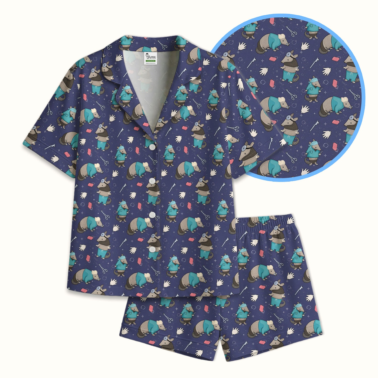 Armadillo Doctor Medical Tools Pattern Pajama Set, Breathable Fabrics Uniform