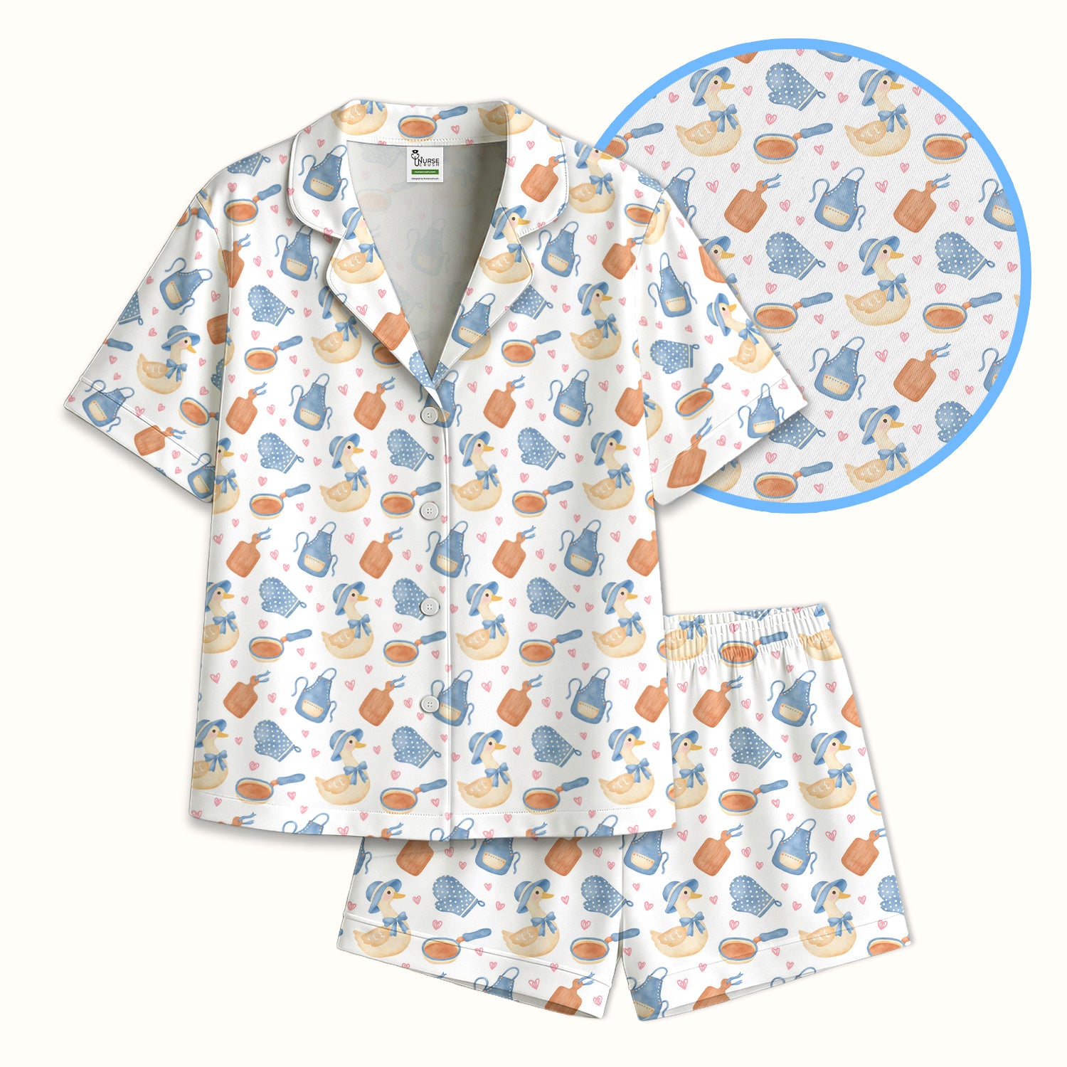 Duck Apron Kitchen Utensil Heart Pattern Pajama Set, Soft Breathable Fabric Comfortable Sleepwear